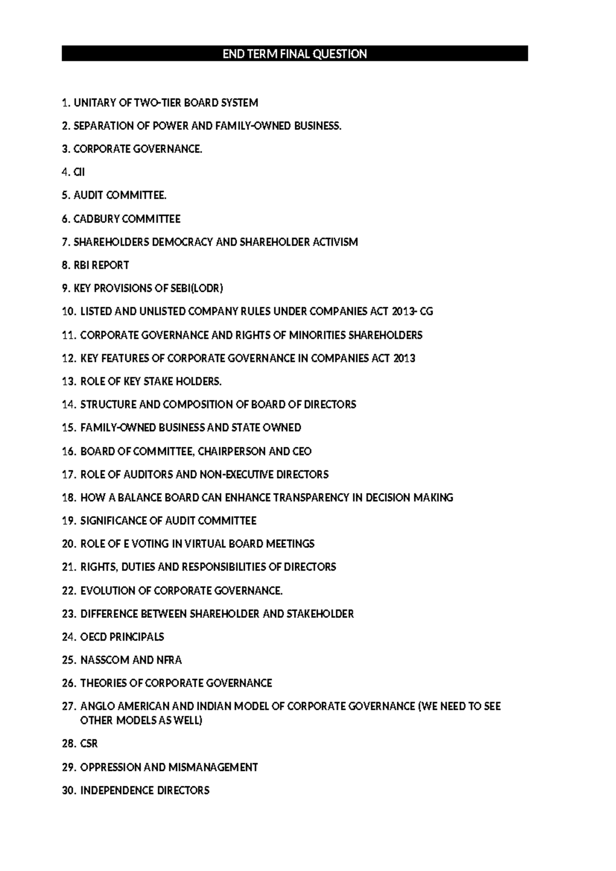 Corporate governance - good - END TERM FINAL QUESTION 1. UNITARY OF TWO ...