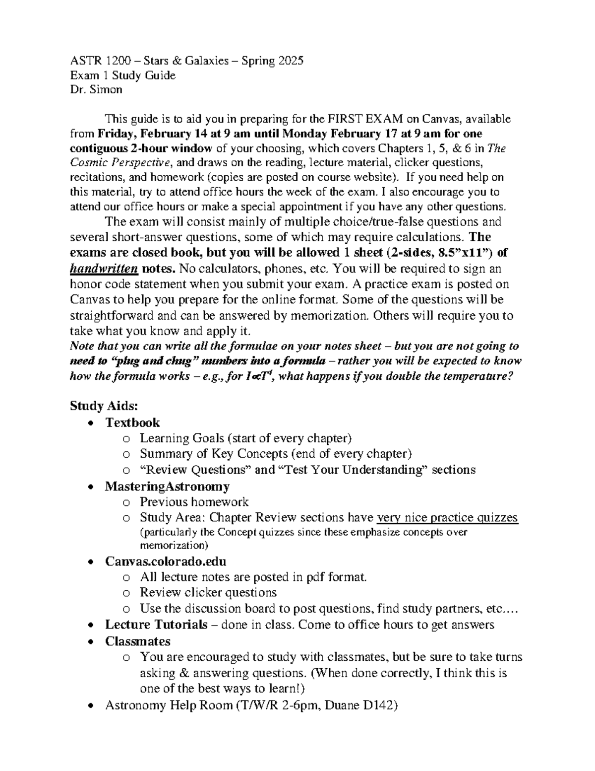 ASTR 1200 Spring 2025 Exam 1 Study Guide & Notes - Studocu