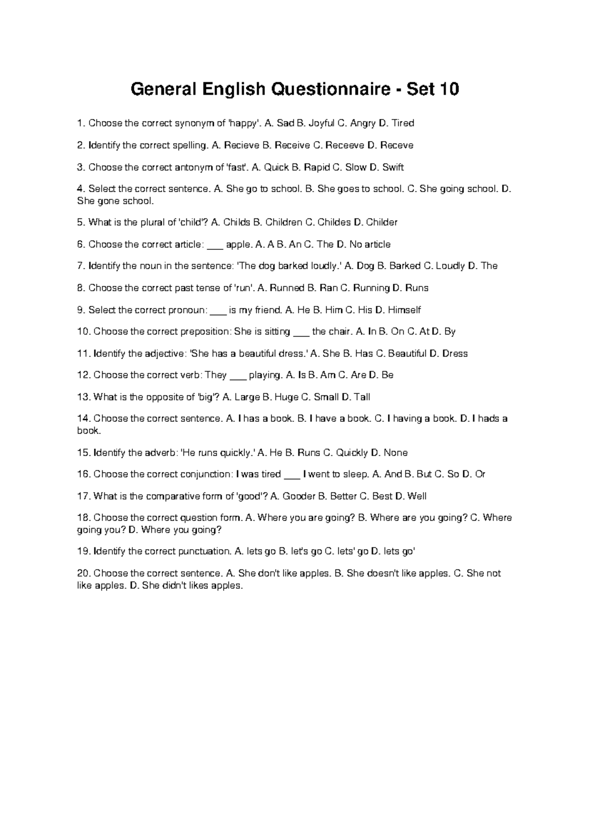 General English Quiz Set 10: Grammar, Vocabulary & Sentence Correction ...