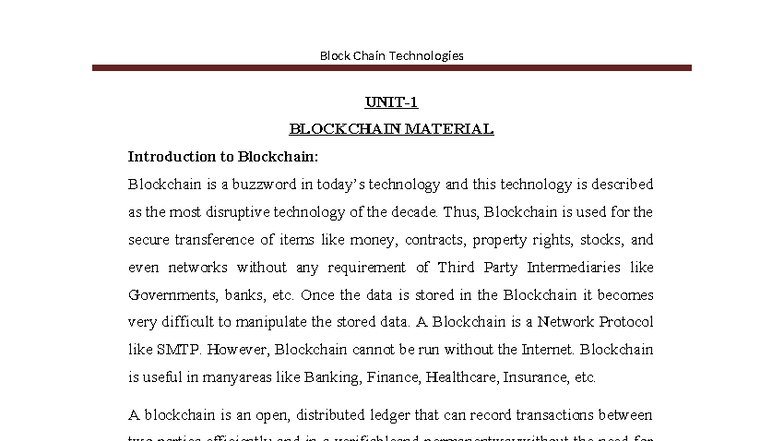 BCT-1 Unit 1: Introduction to Blockchain Technologies and Applications ...