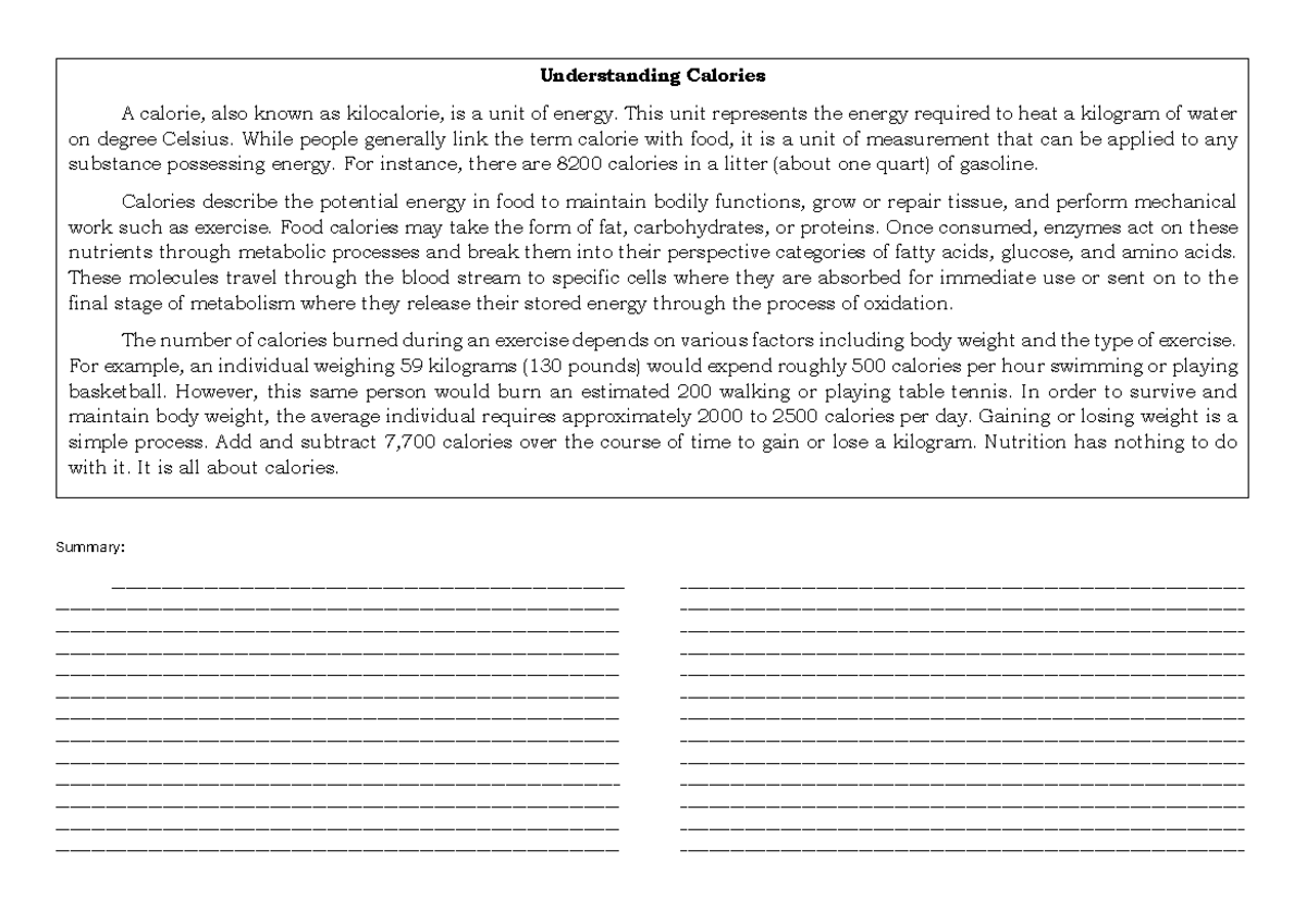 Activity 1 - Understanding Calories and Energy Measurement - Studocu