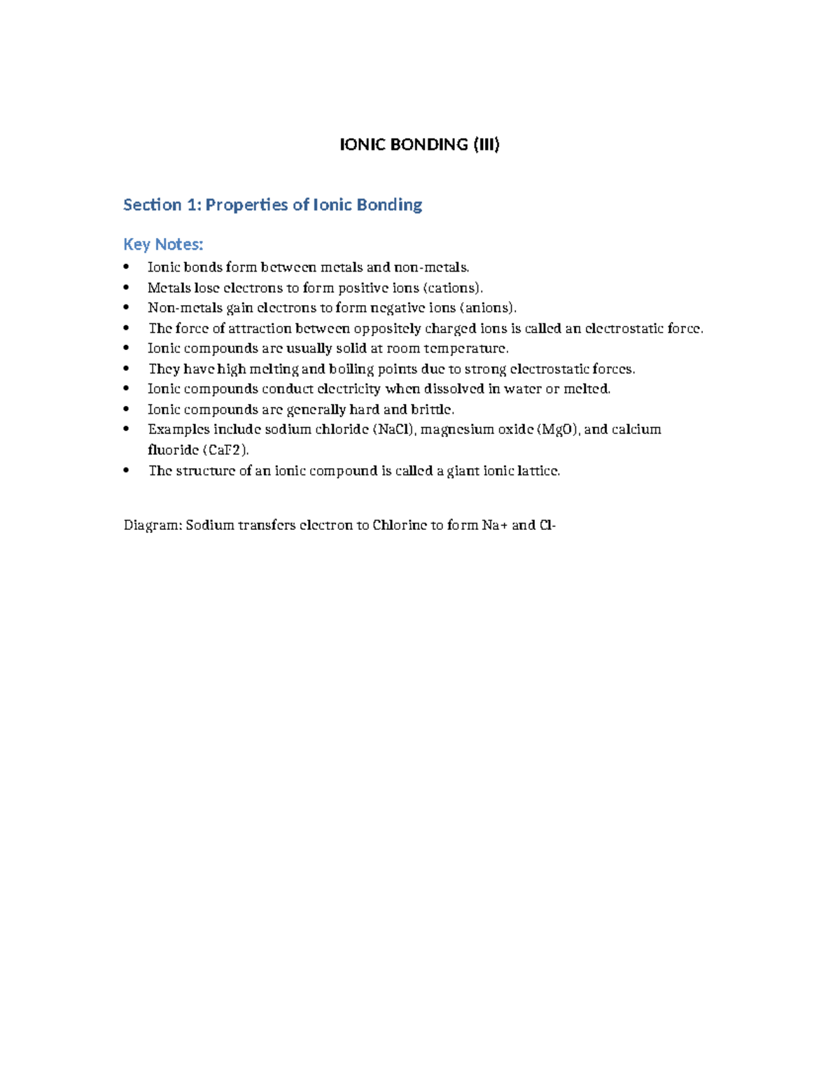 Ionic Bonding Notes Worksheet Final - IONIC BONDING (III) Section 1 ...