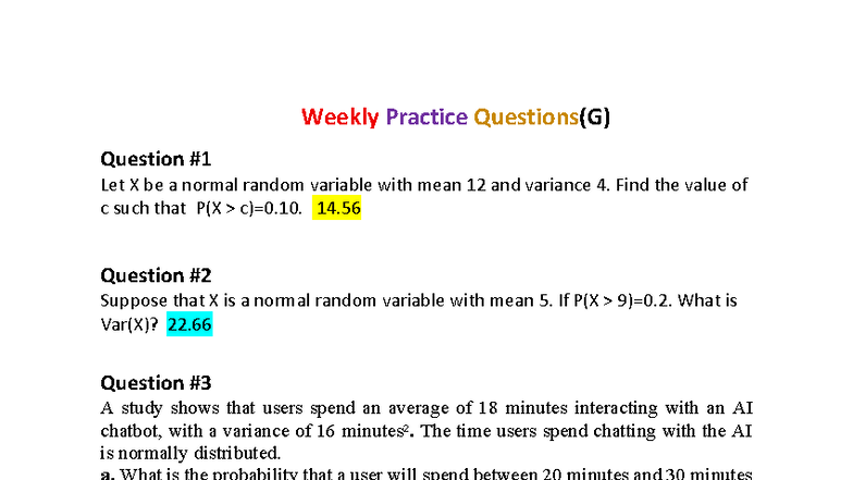 Weekly Practice Questions (G) on Normal Distribution and Probabilities ...