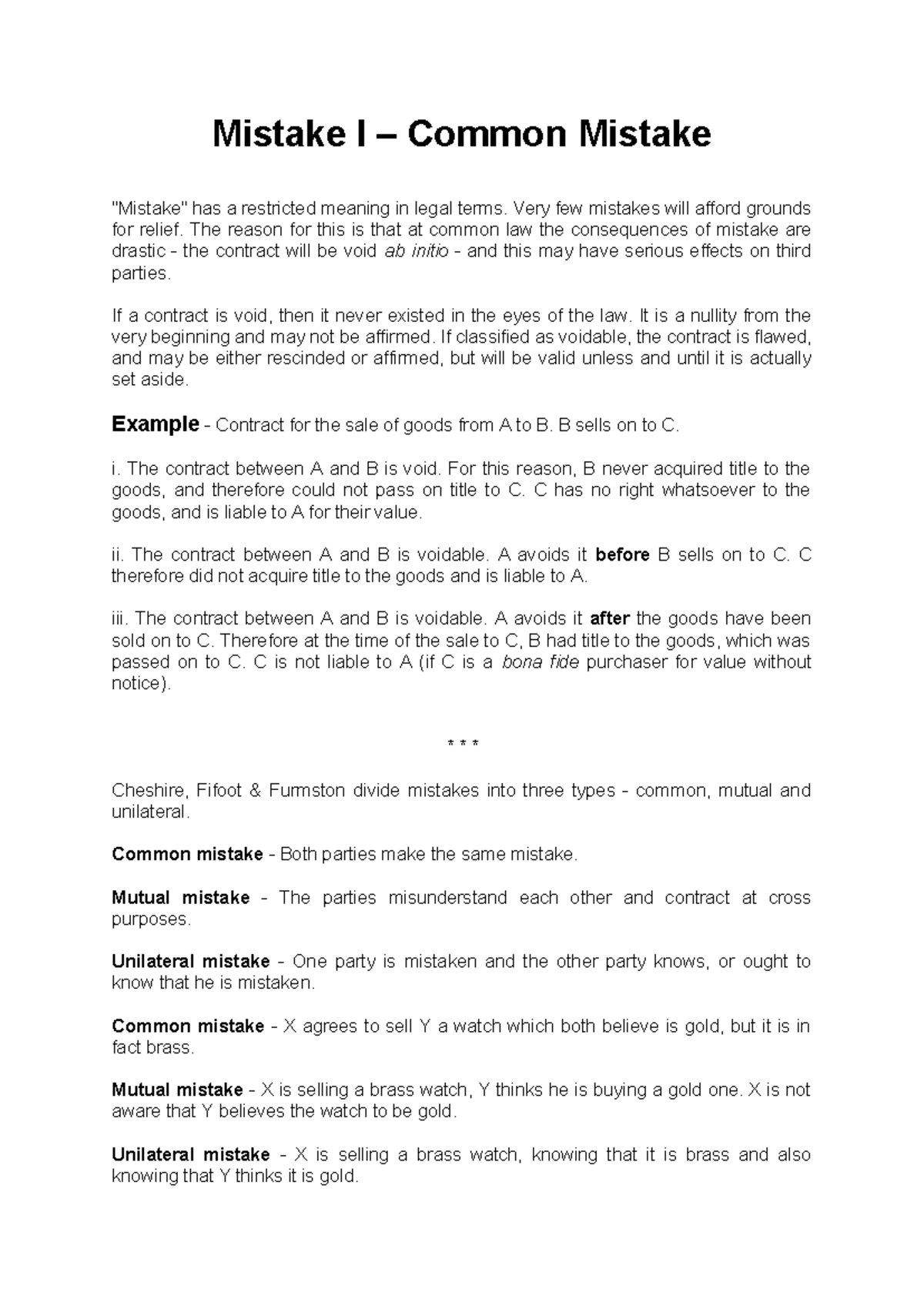 Mistake in Contract Law: Common Mistakes Explained - Handout I - Studocu