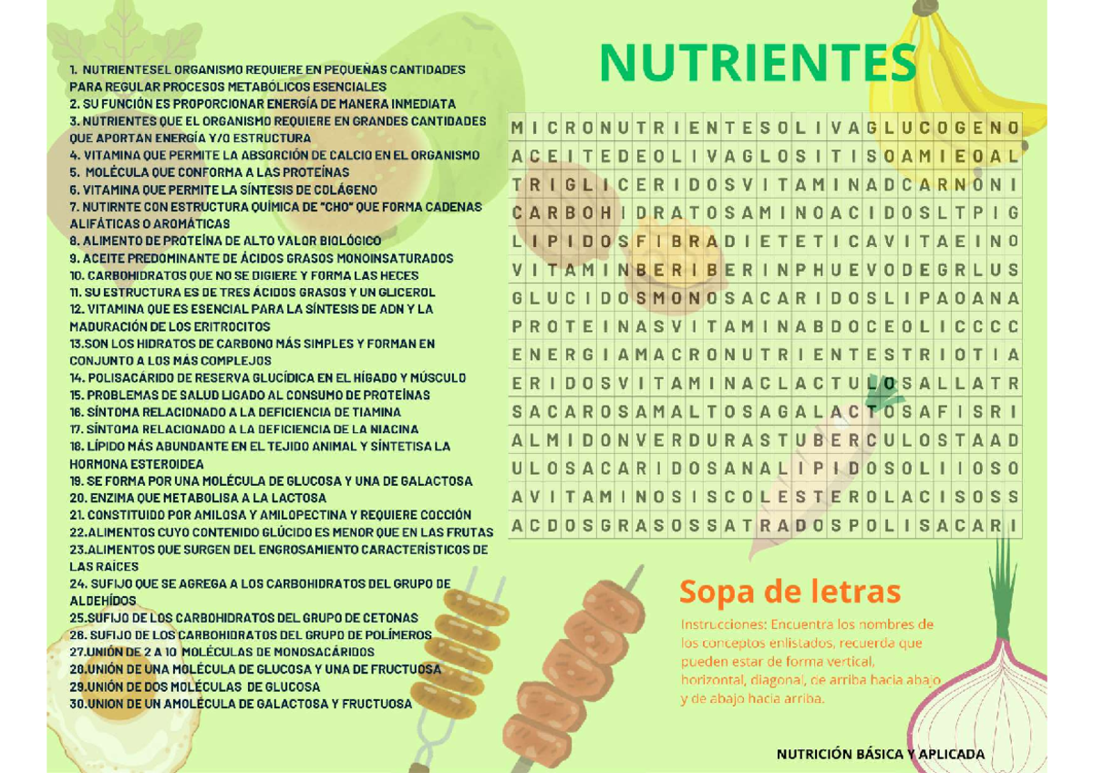 SOPA DE LETRAS: Nutrientes en Nutrición Básica y Aplicada - Studocu