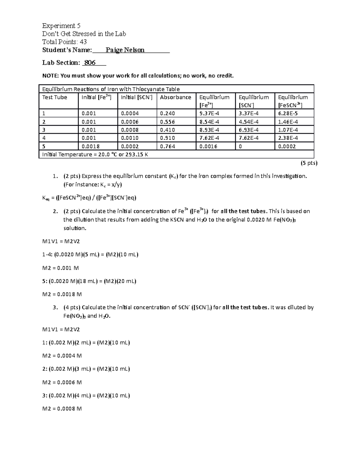 CHEM 110 L - Experiment 5: Equilibrium Reactions of Iron and SCN