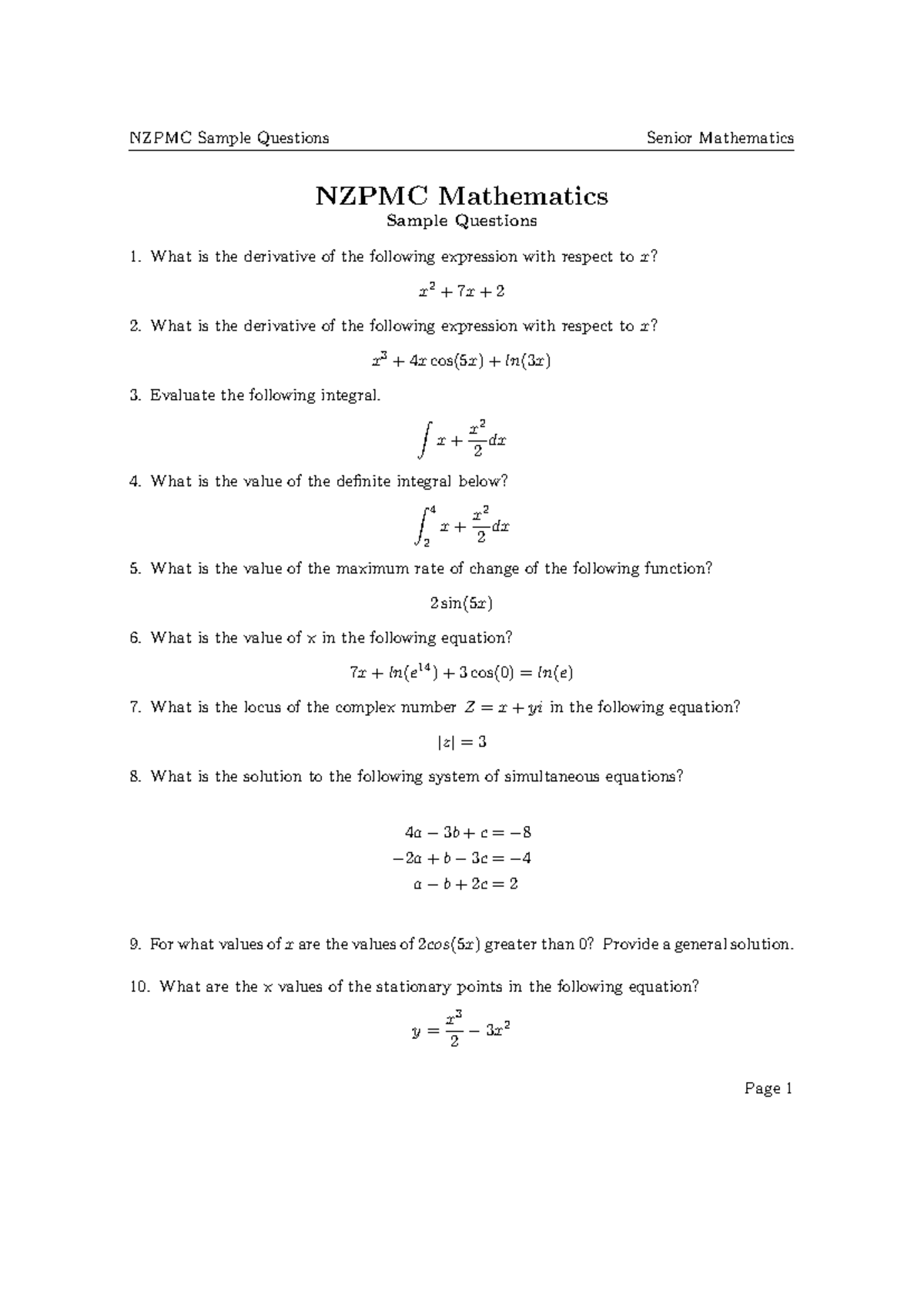 NZPMC Senior Mathematics Sample Questions and Practice Problems - Studocu