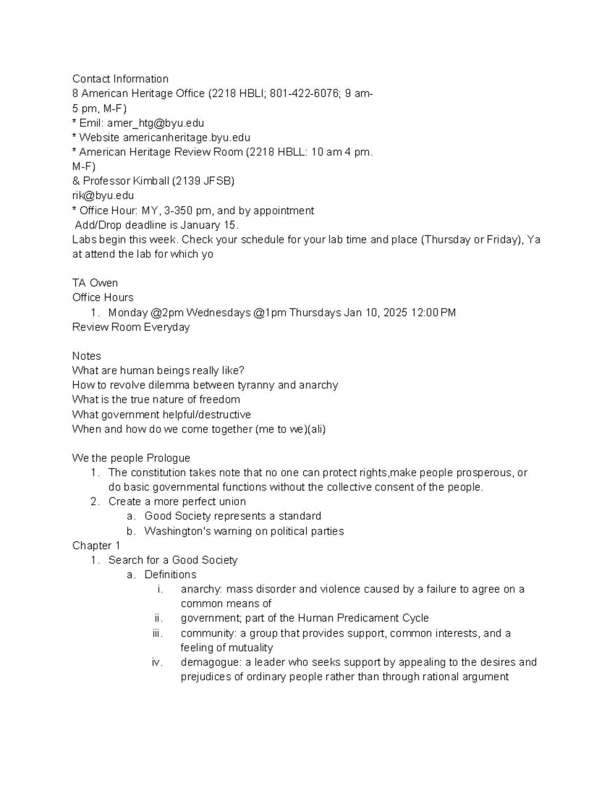 American htg - notes from readings and lectures - Contact Information 8 ...