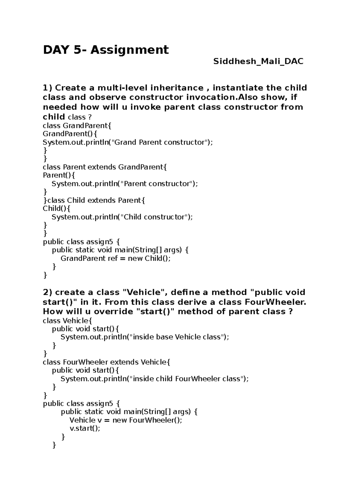 Day 5 Assignment: Inheritance and Polymorphism in Java (DAC) - Studocu