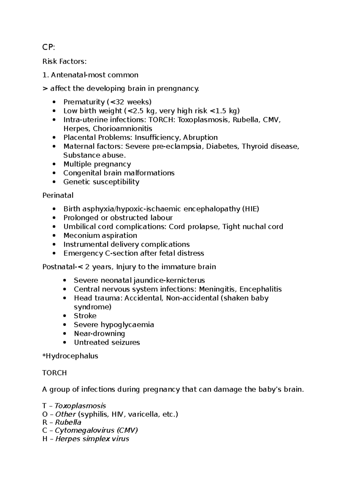 CP: Risk Factors for Cerebral Palsy in Pregnancy and Birth - Studocu