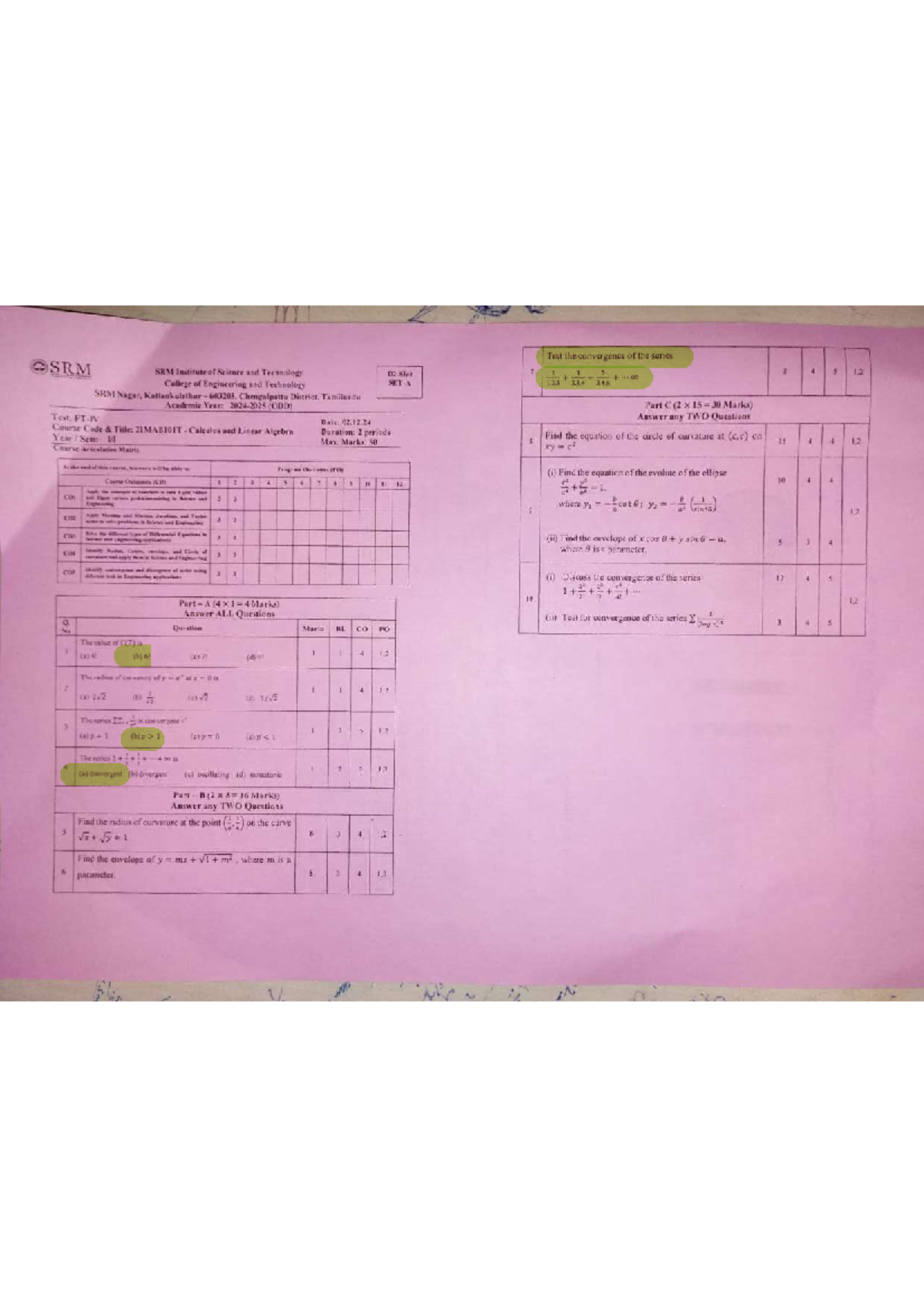 21MAB10IT Final Exam: Convergence of Series and Curvature - Studocu