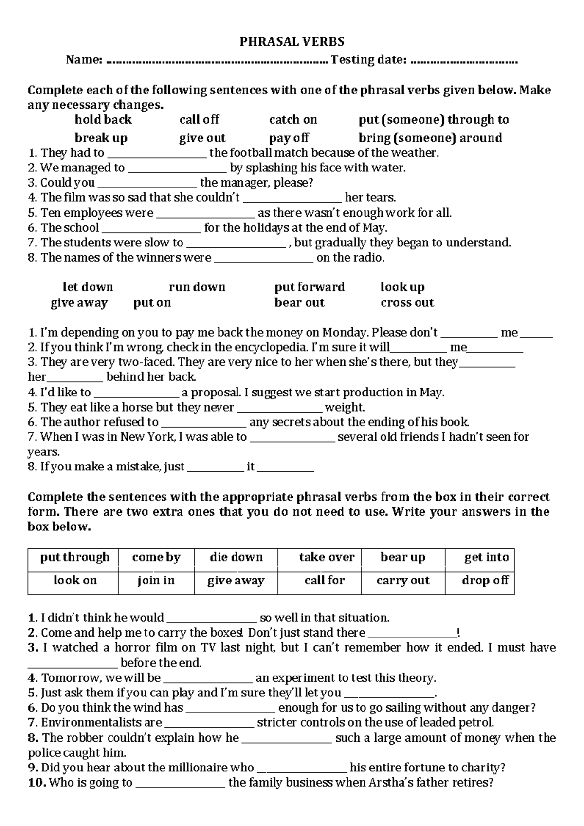 19 11 Phrasal Verbs: Complete the Sentences Exercise - Studocu