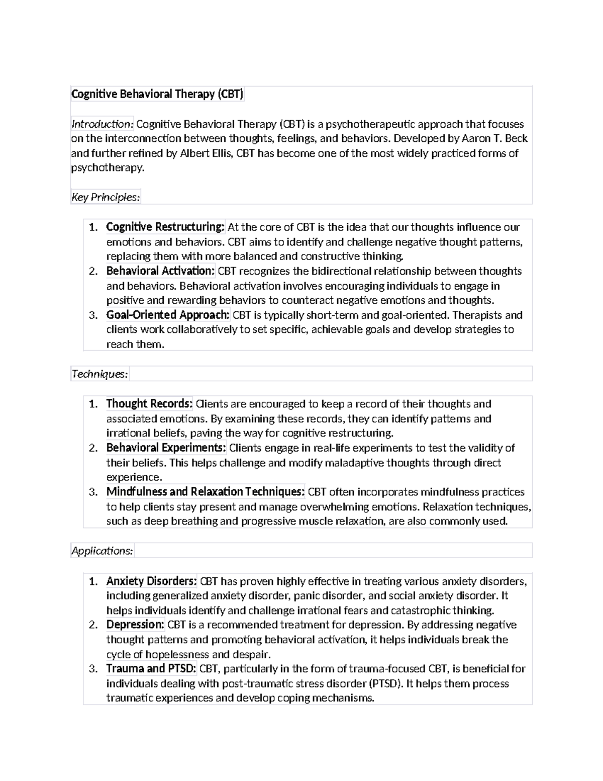 Cognitive Behavioral Therapy (CBT): Principles and Applications ...