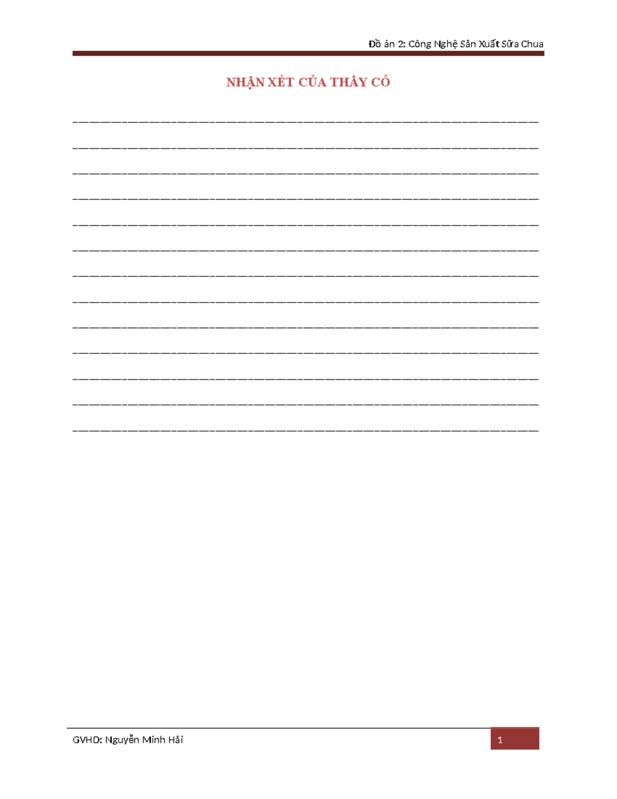 Đồ án 2: Công Nghệ Sản Xuất Sữa Chua - GVHD Nguyễn Minh Hải - Document Preview