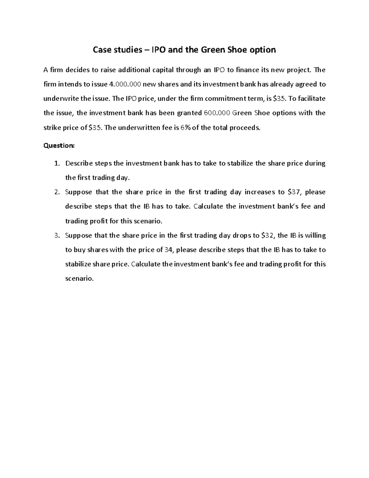 Case Study: IPO & Green Shoe Options Analysis - Studocu