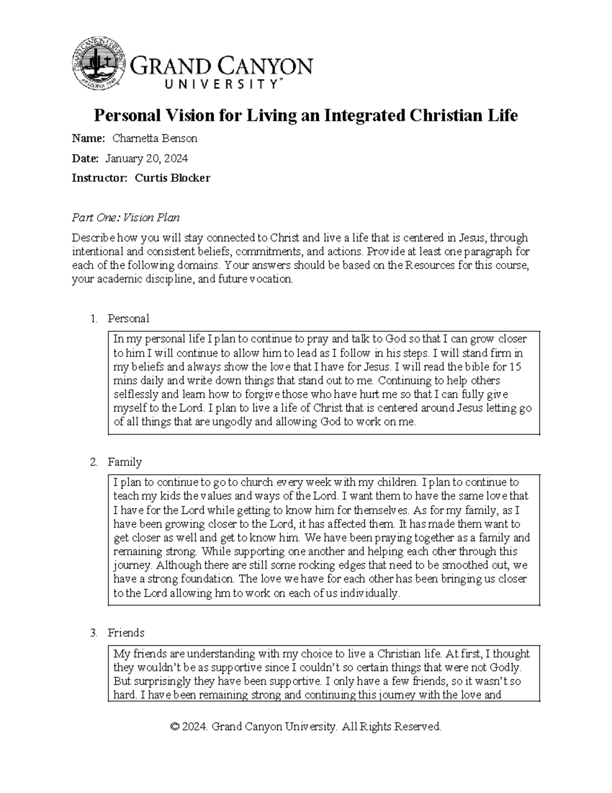 CWV 316: Personal Vision for an Integrated Christian Life Plan - Studocu