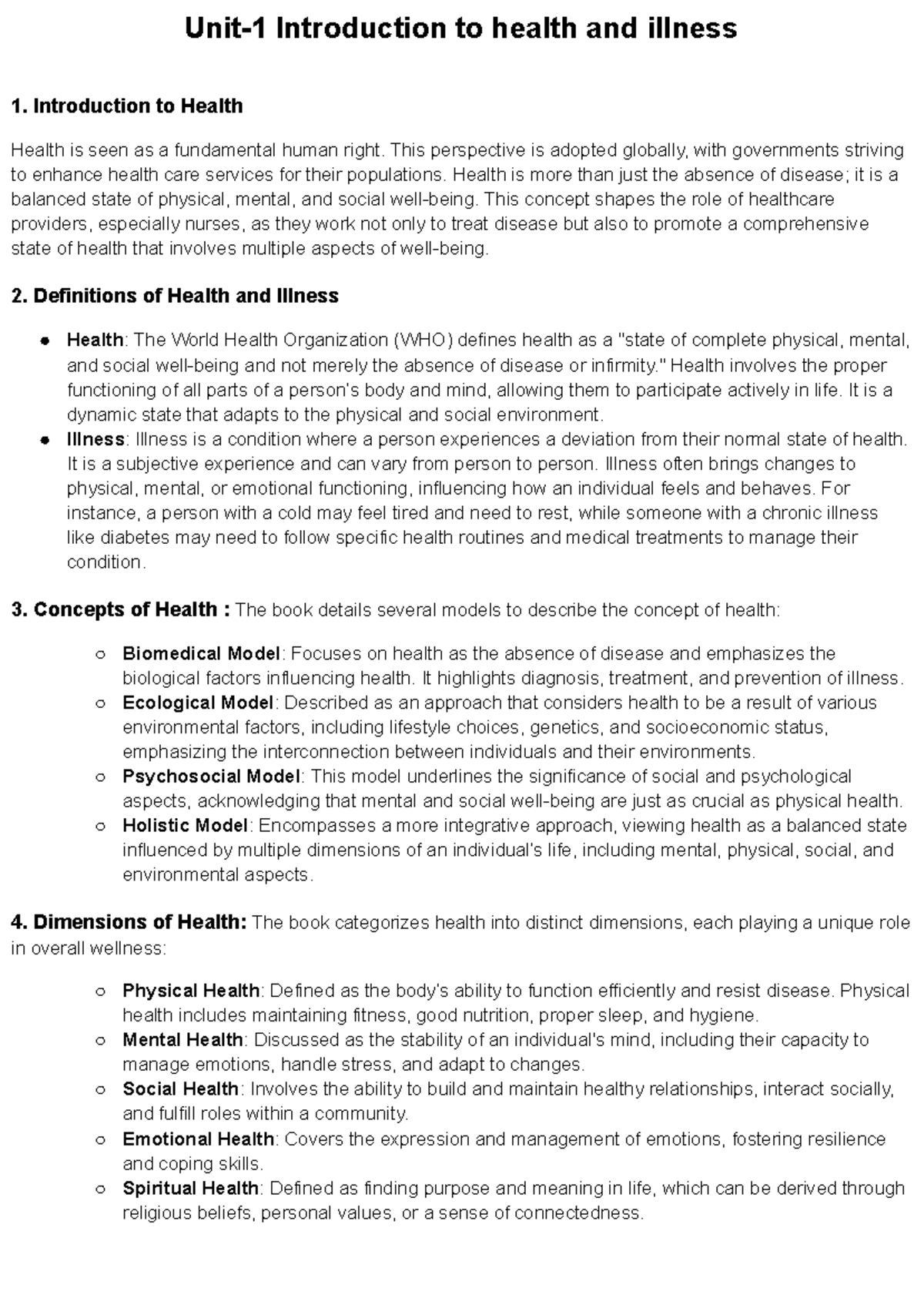 Unit-1: Overview of Health, Illness, and Well-Being Concepts - Studocu