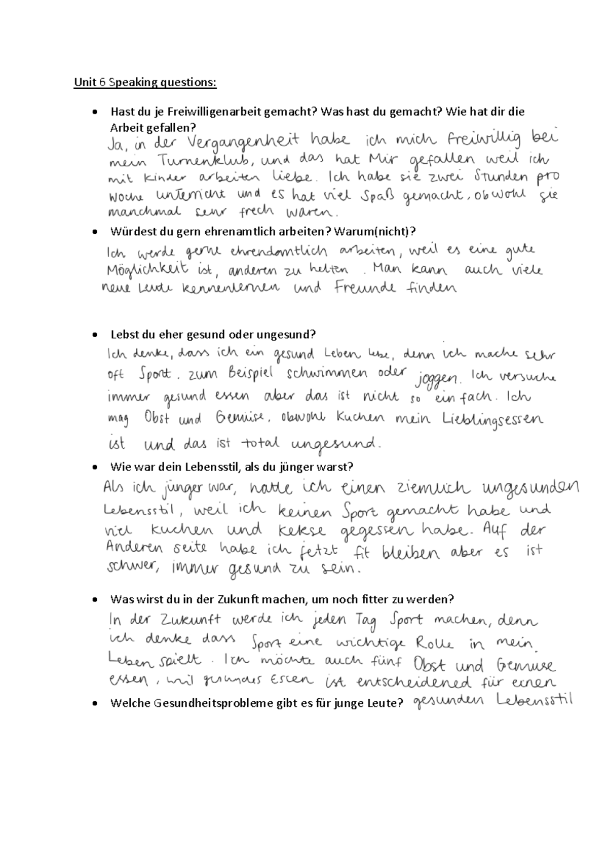 Unit 6 Oral questions - speaking exam answers - Unit 6 Speaking ...