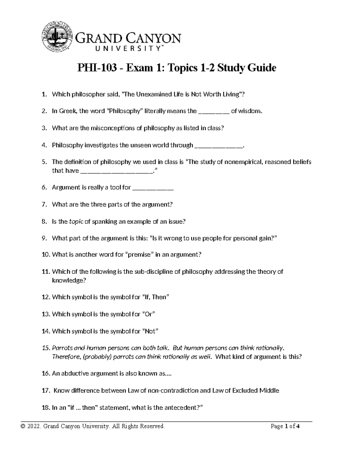PHI-103 - Exam 1: Study Guide for Topics 1-2 in Philosophy - Studocu