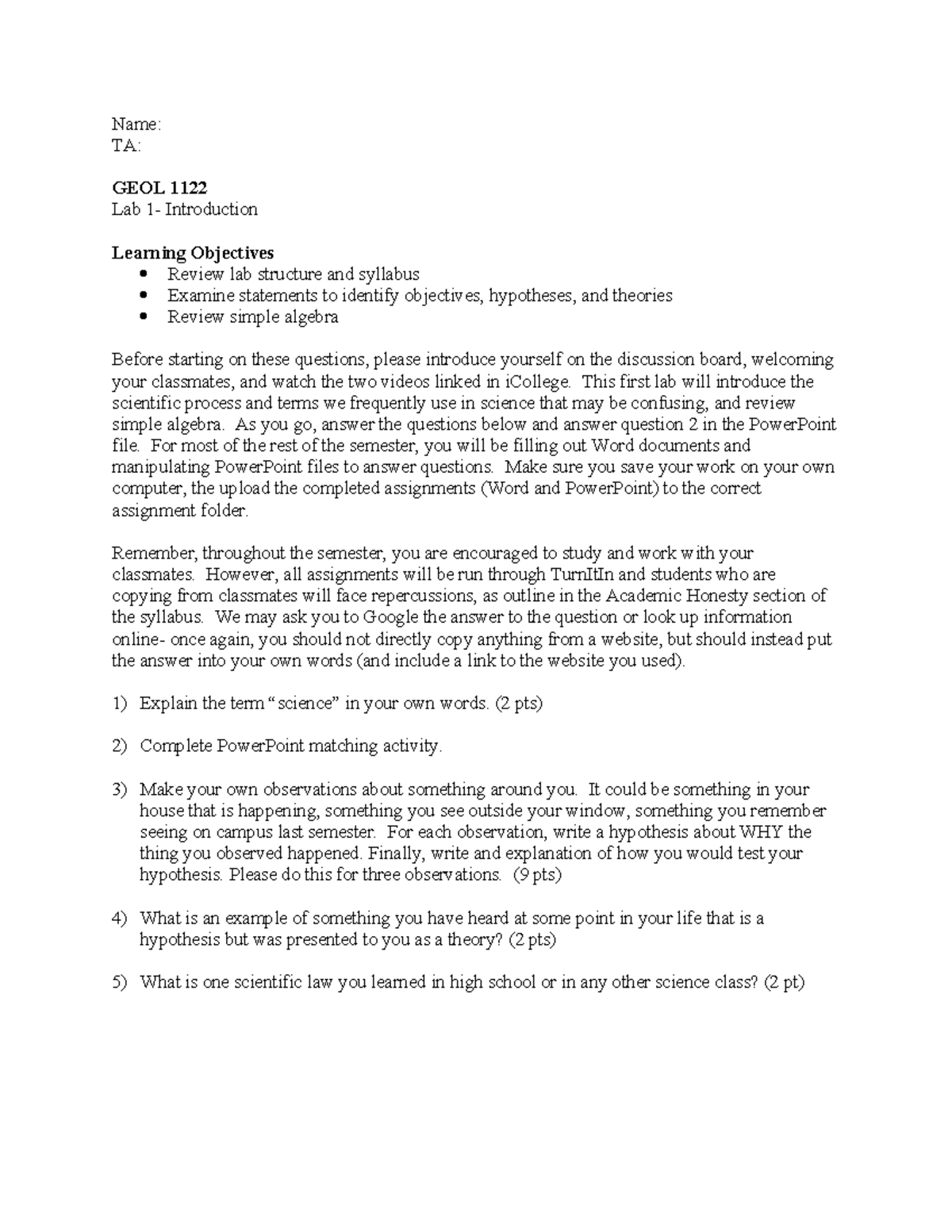 Lab1-Introduction Answers - Name: TA: GEOL 1122 Lab 1- Introduction ...