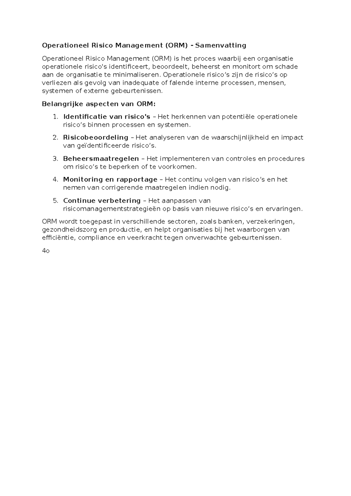 Operationeel Risico Management (ORM) - Samenvatting & Belangrijke ...