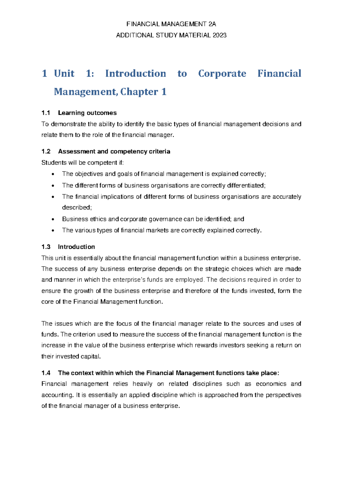 CFM22A2 Financial Management 2A Unit 1 Learner Guide 2023 - Studocu