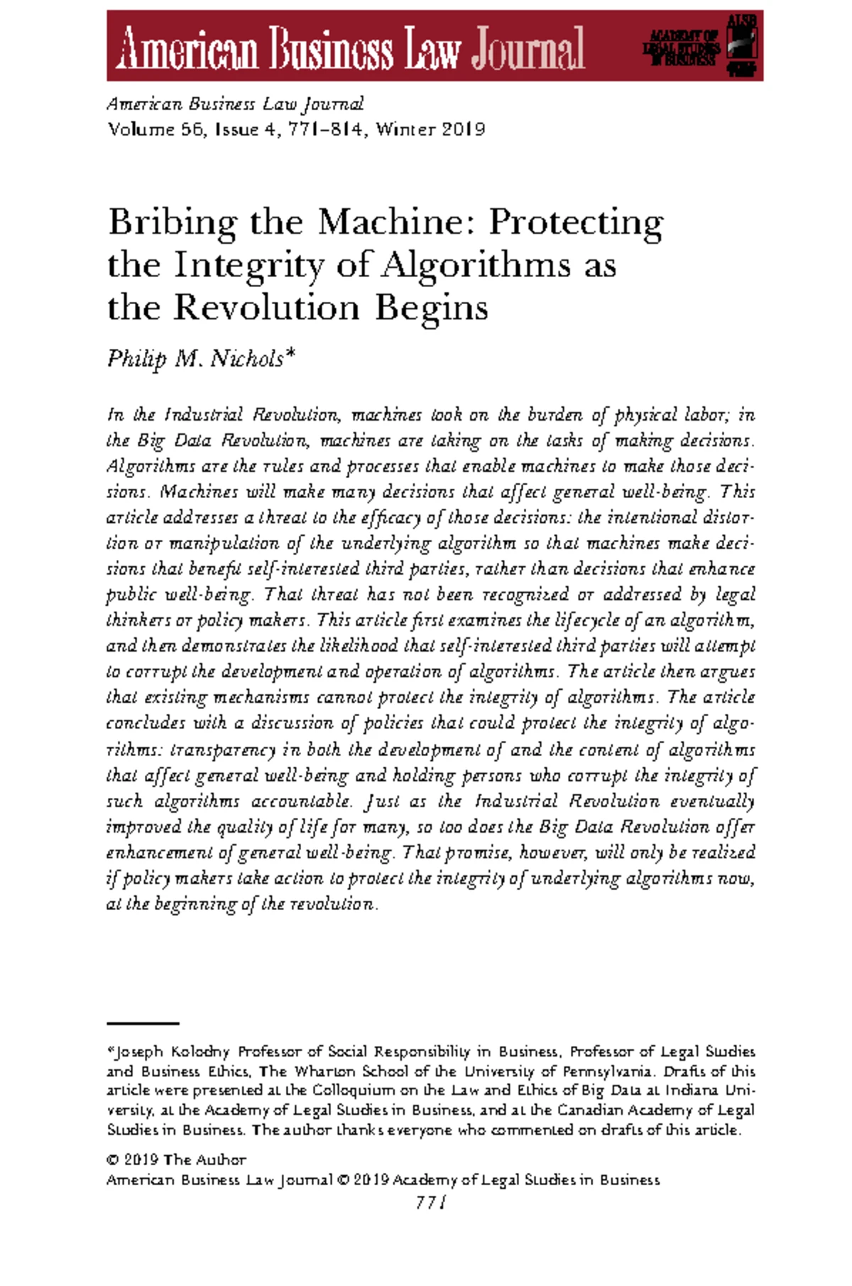 Protecting Algorithm Integrity in the Big Data Revolution: Policy ...