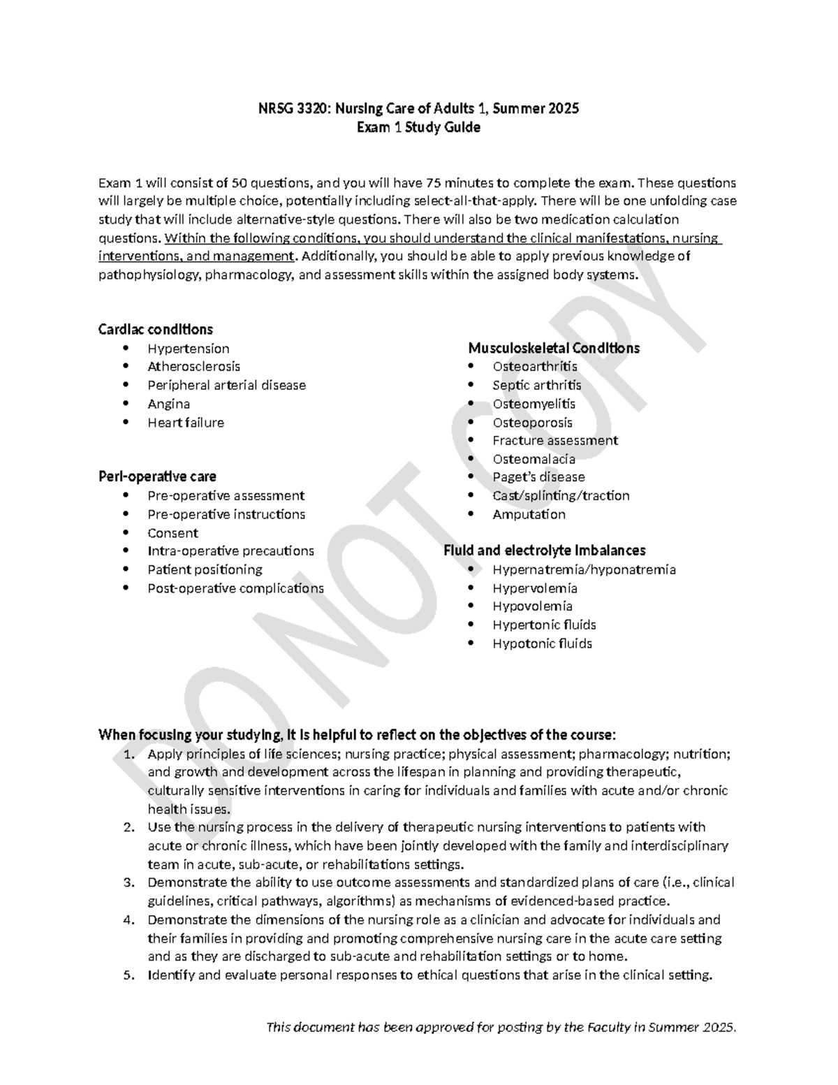 NRSG 3320: Nursing Care of Adults 1 Exam 1 Study Guide SU2025 - Studocu