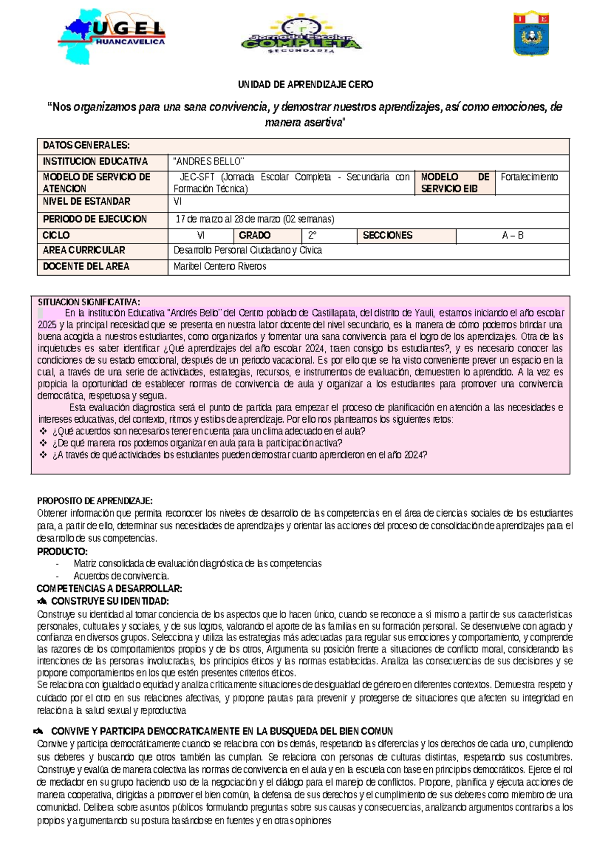 Unidad de Aprendizaje N°0 DPCC 2º 2025: Convivencia y Aprendizajes ...