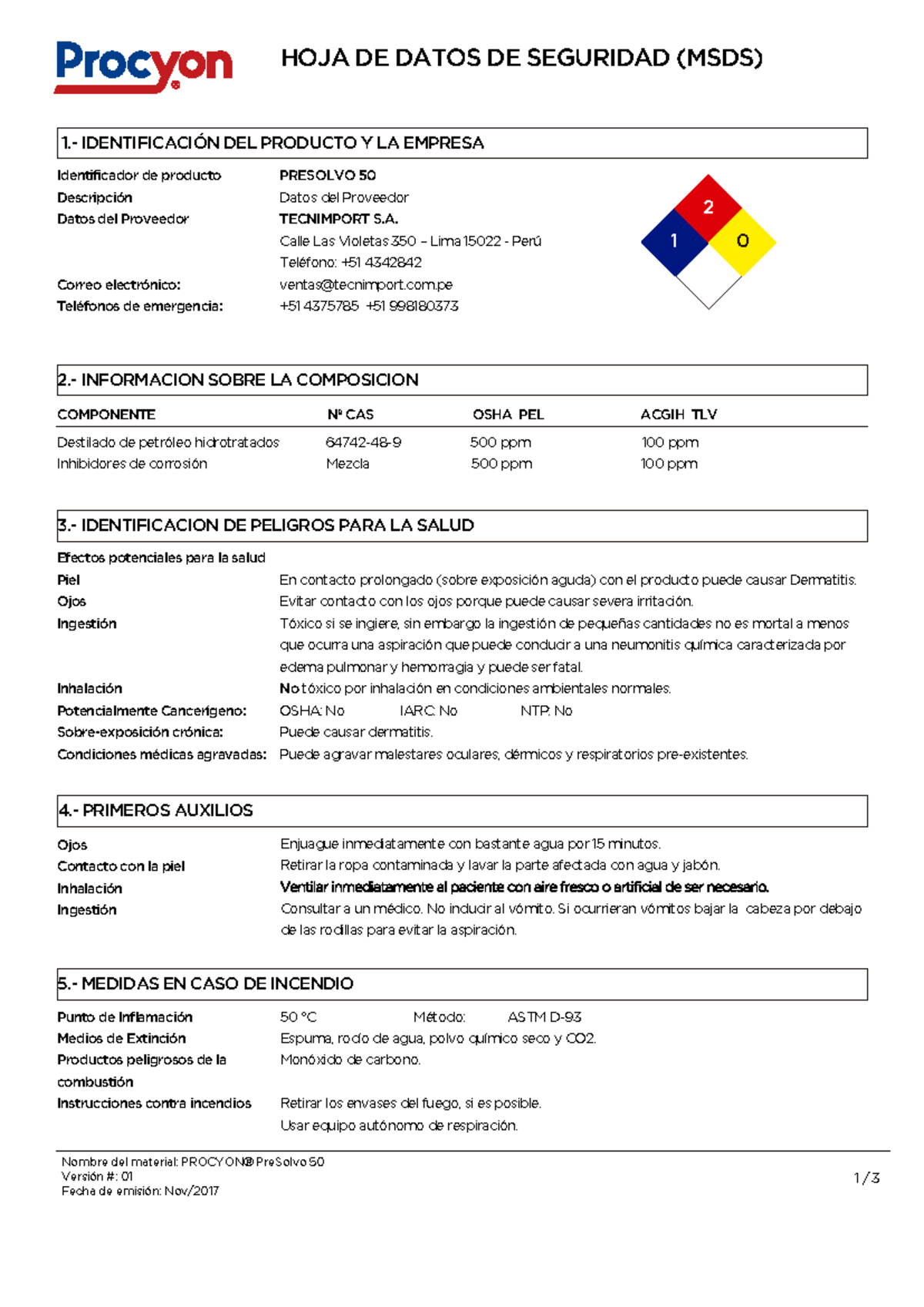 MSDS - PreSolvo 50: Seguridad y Manejo del Solvente Dielectrico - Studocu