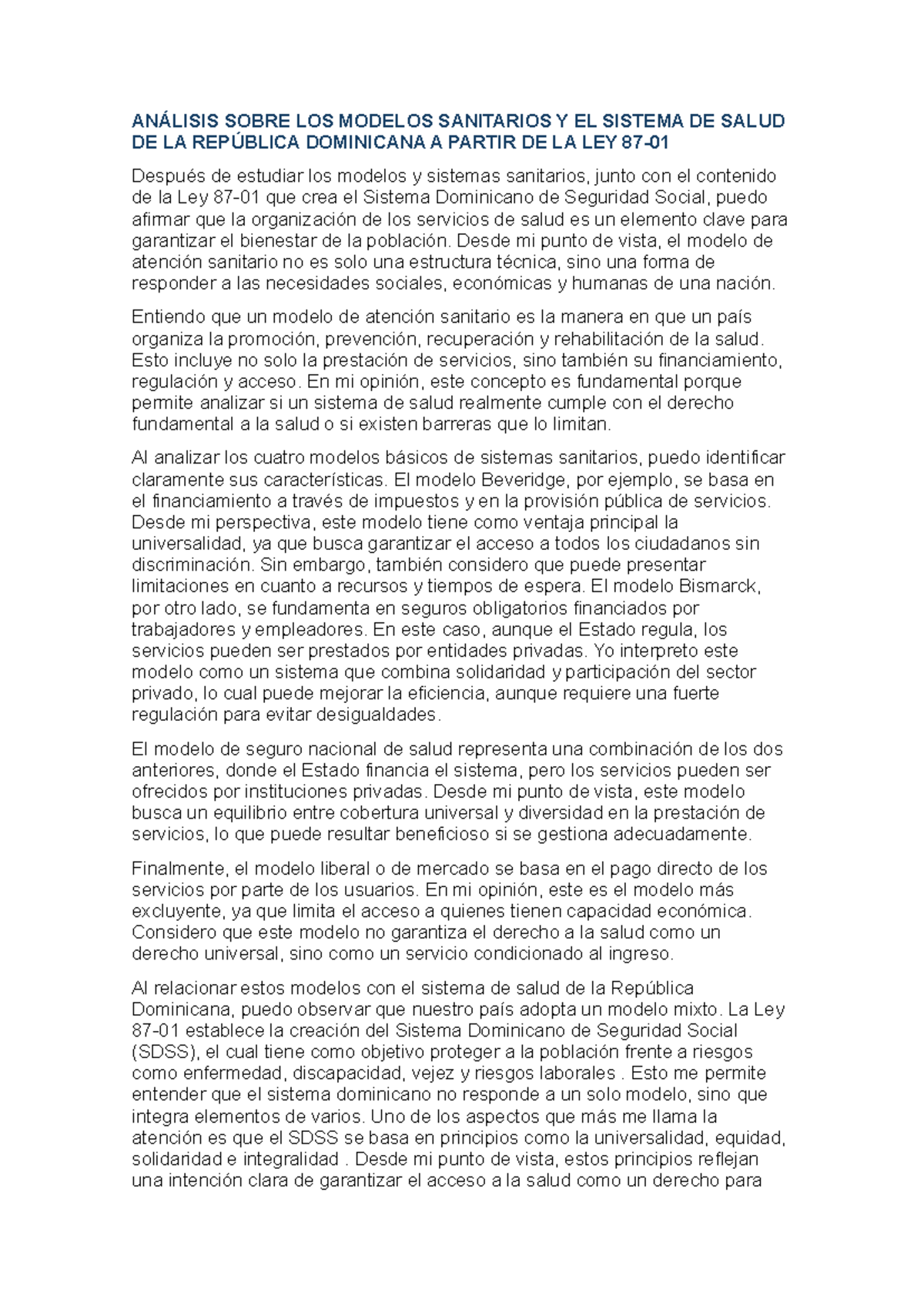 Análisis del Sistema de Salud en RD: Ley y Modelos Sanitarios - Final ...