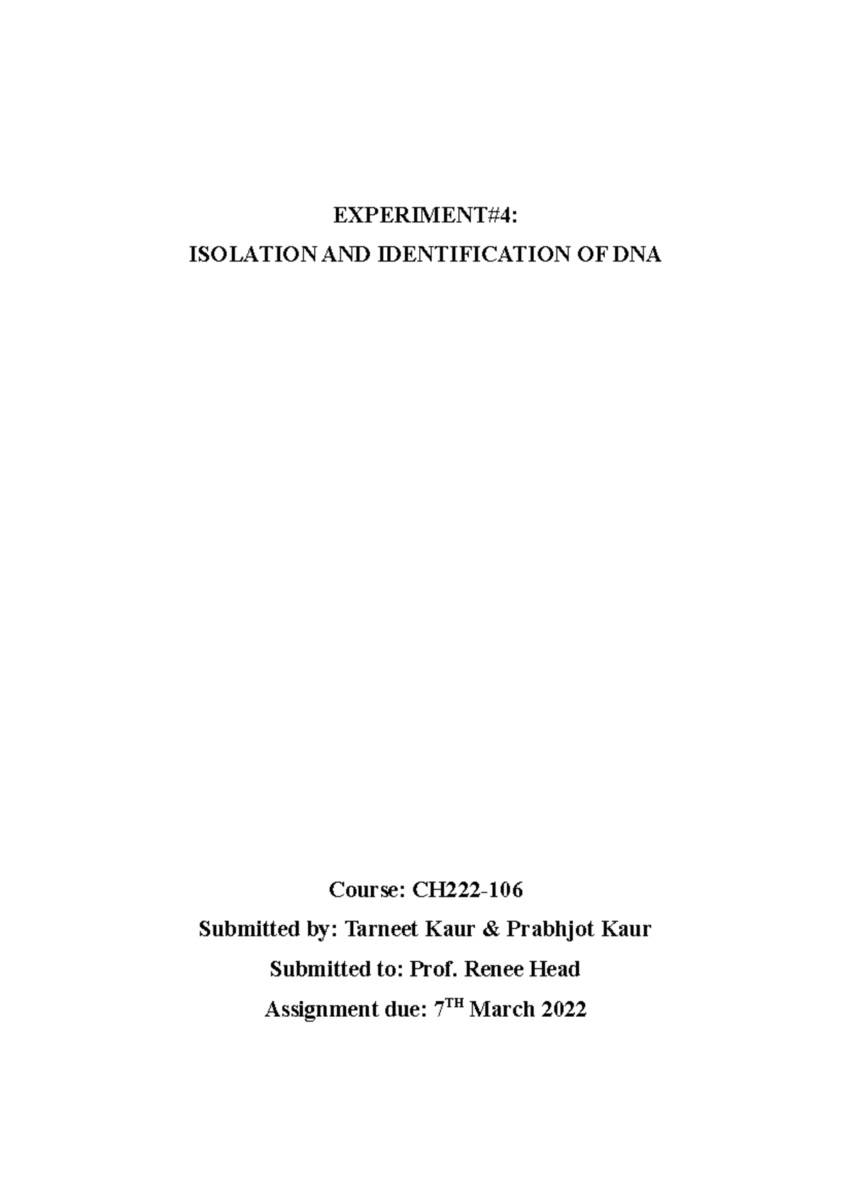 Lab report of exp 4 biochemistry - EXPERIMENT#4: ISOLATION AND ...