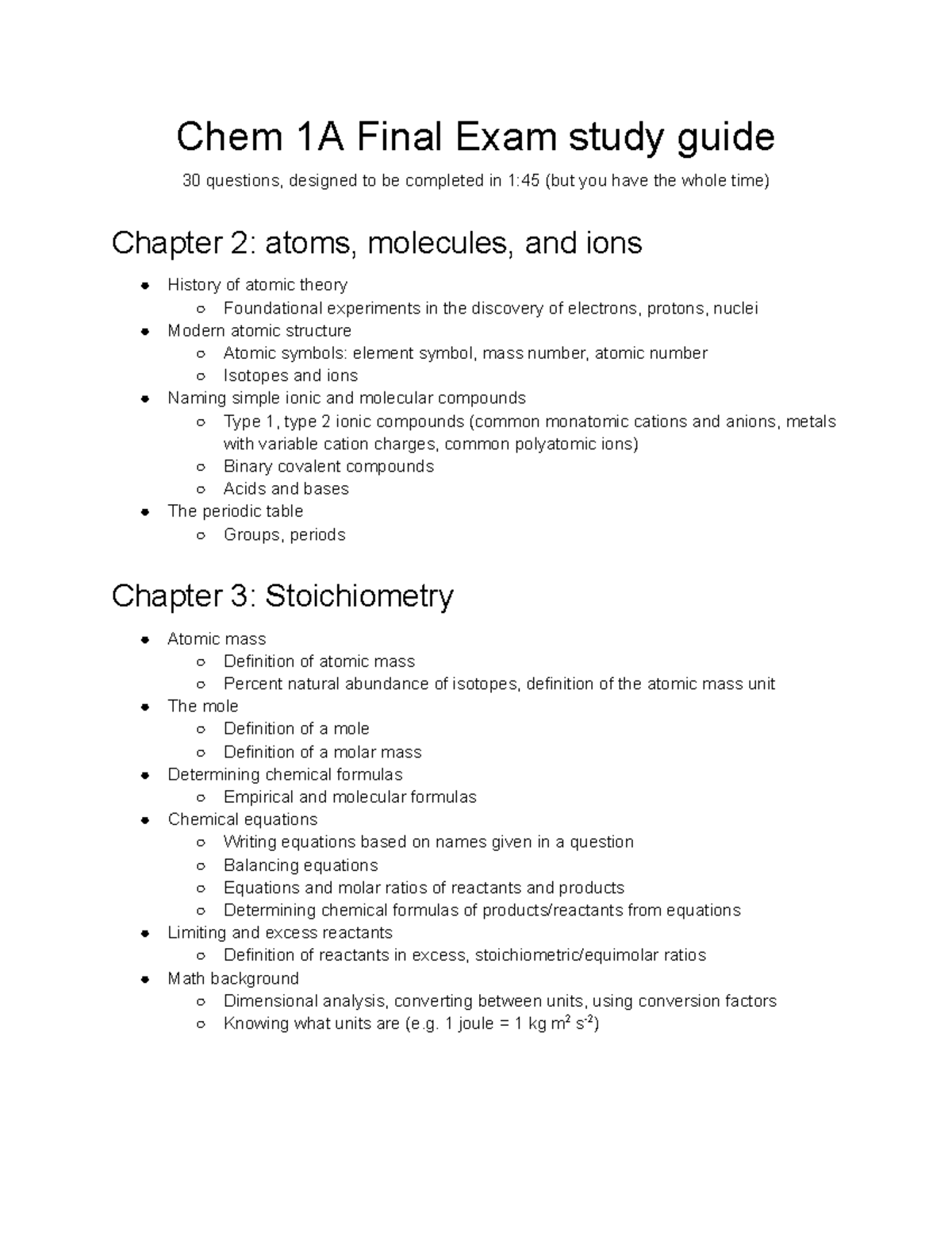 Chem 1A Final Exam Study Guide - Studocu