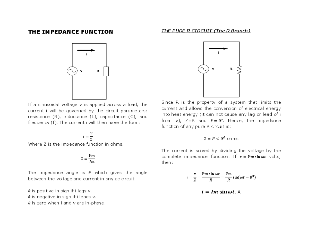 Impedance Function in Pure R Circuit: Analysis & Problems - Studocu
