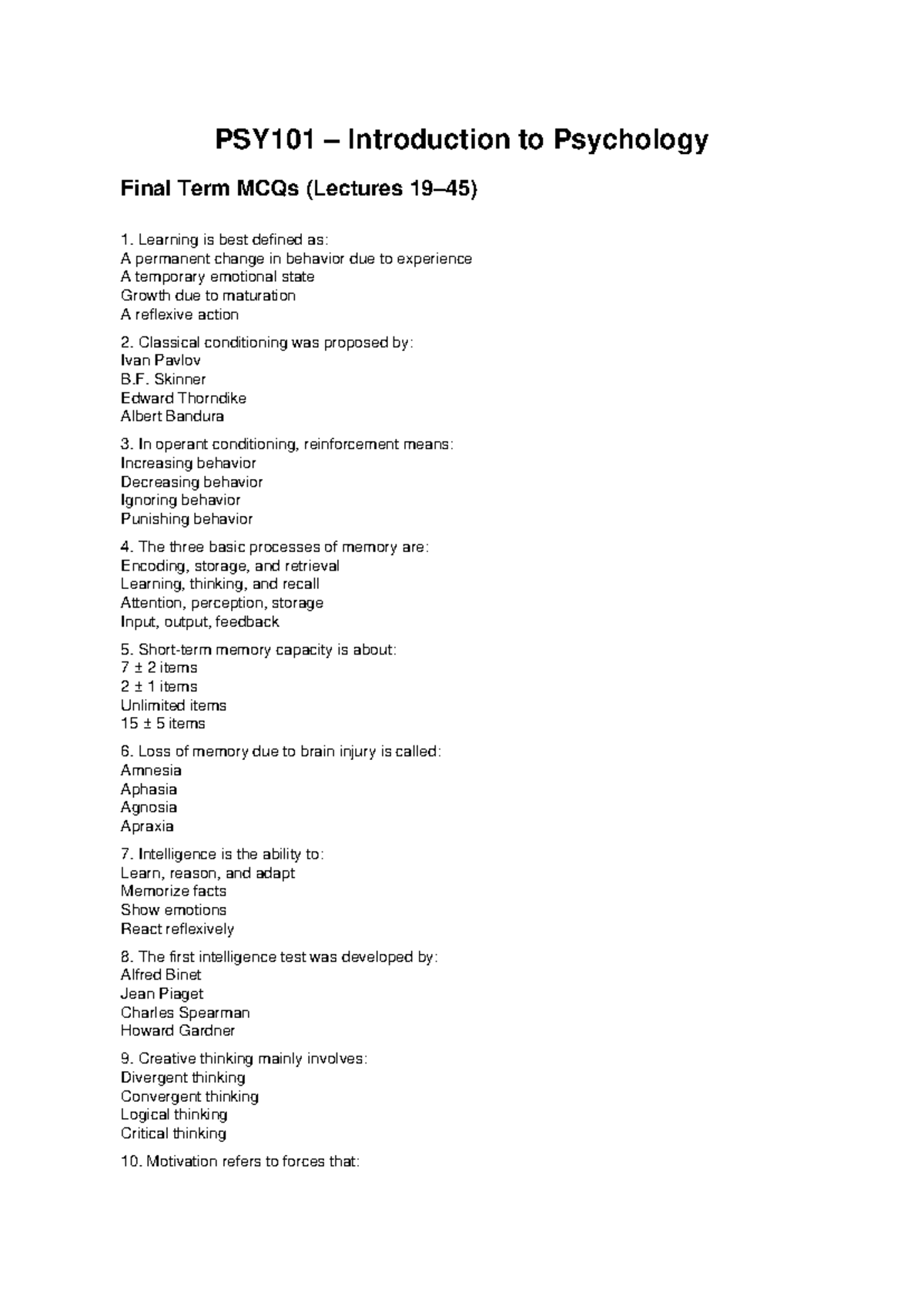 PSY101 Introduction to Psychology Final Term MCQs Review - Studocu