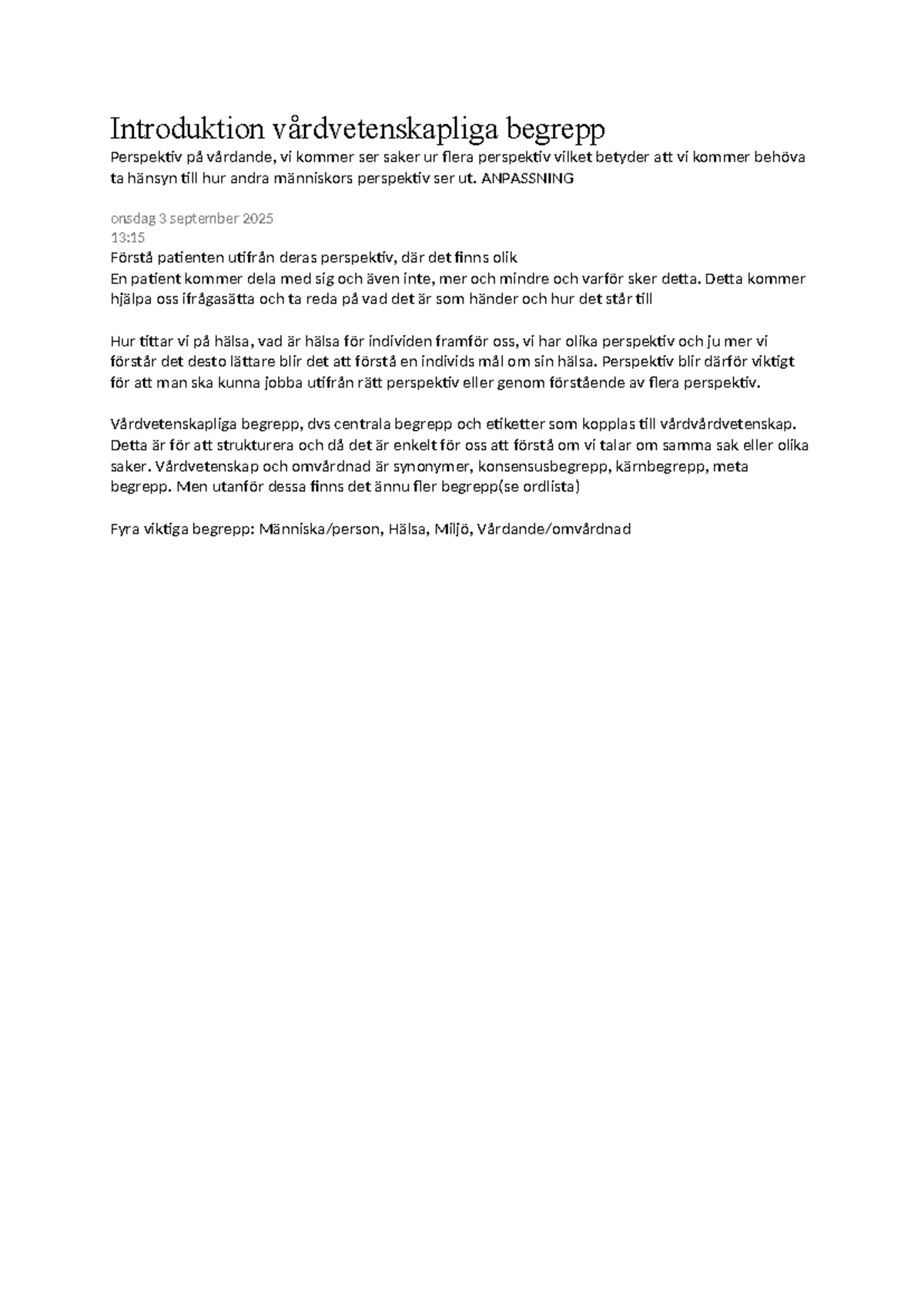Introduktion till Vårdvetenskapliga Begrepp och Perspektiv på Vårdande ...