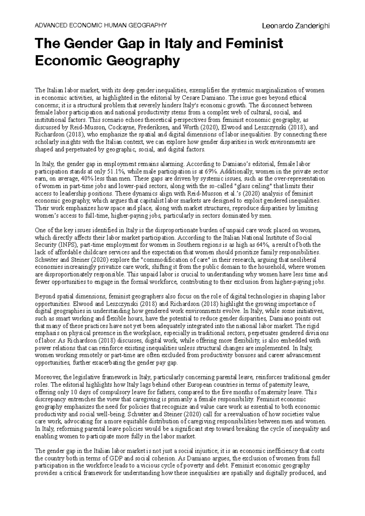 ADVANCED ECONOMIC HUMAN GEOGRAPHY: Gender Gap in Italy Analysis ...