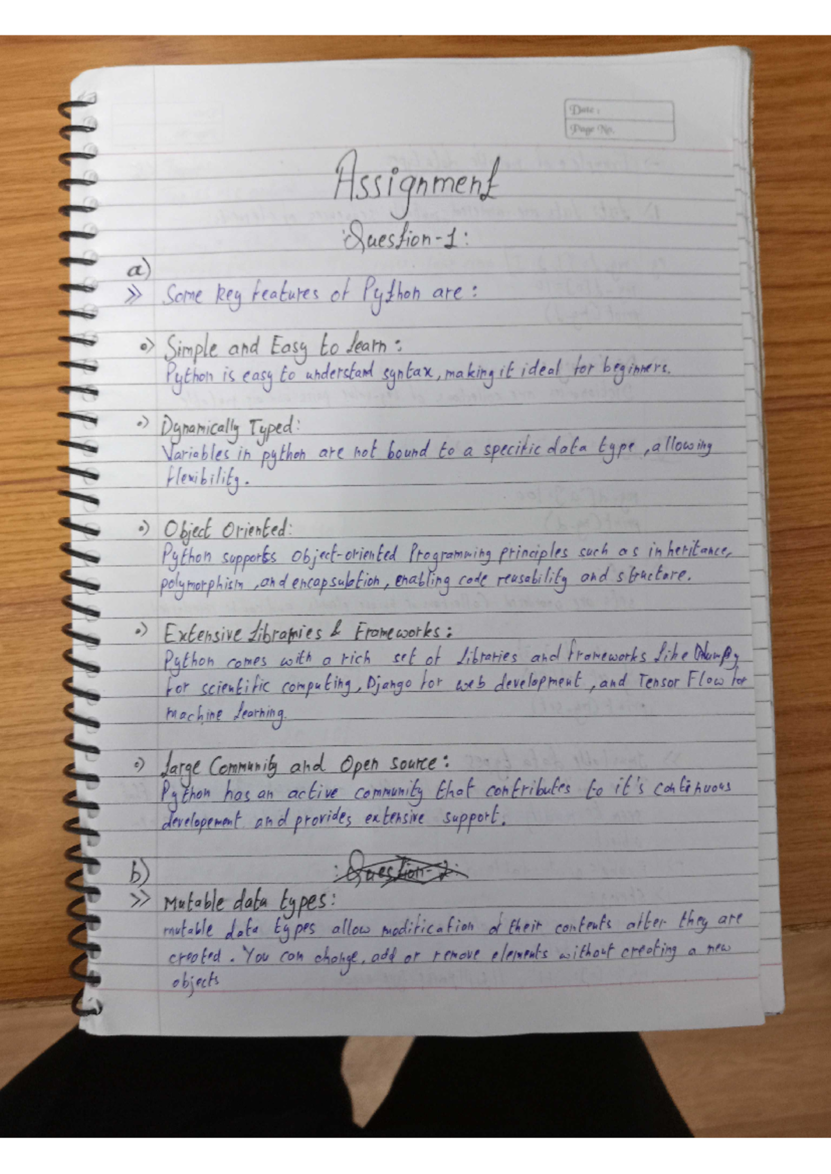 Python assignment answers - Date: Page No. Assignment a) Some key ...