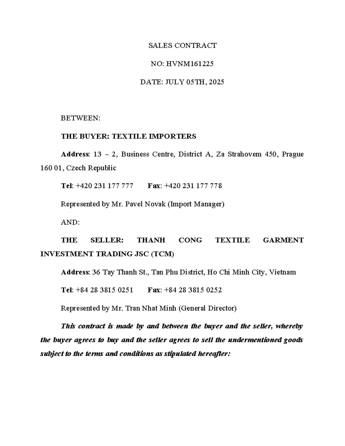 Sales Contract HVNM161225: Textile Importers & TCM Agreement - Studocu