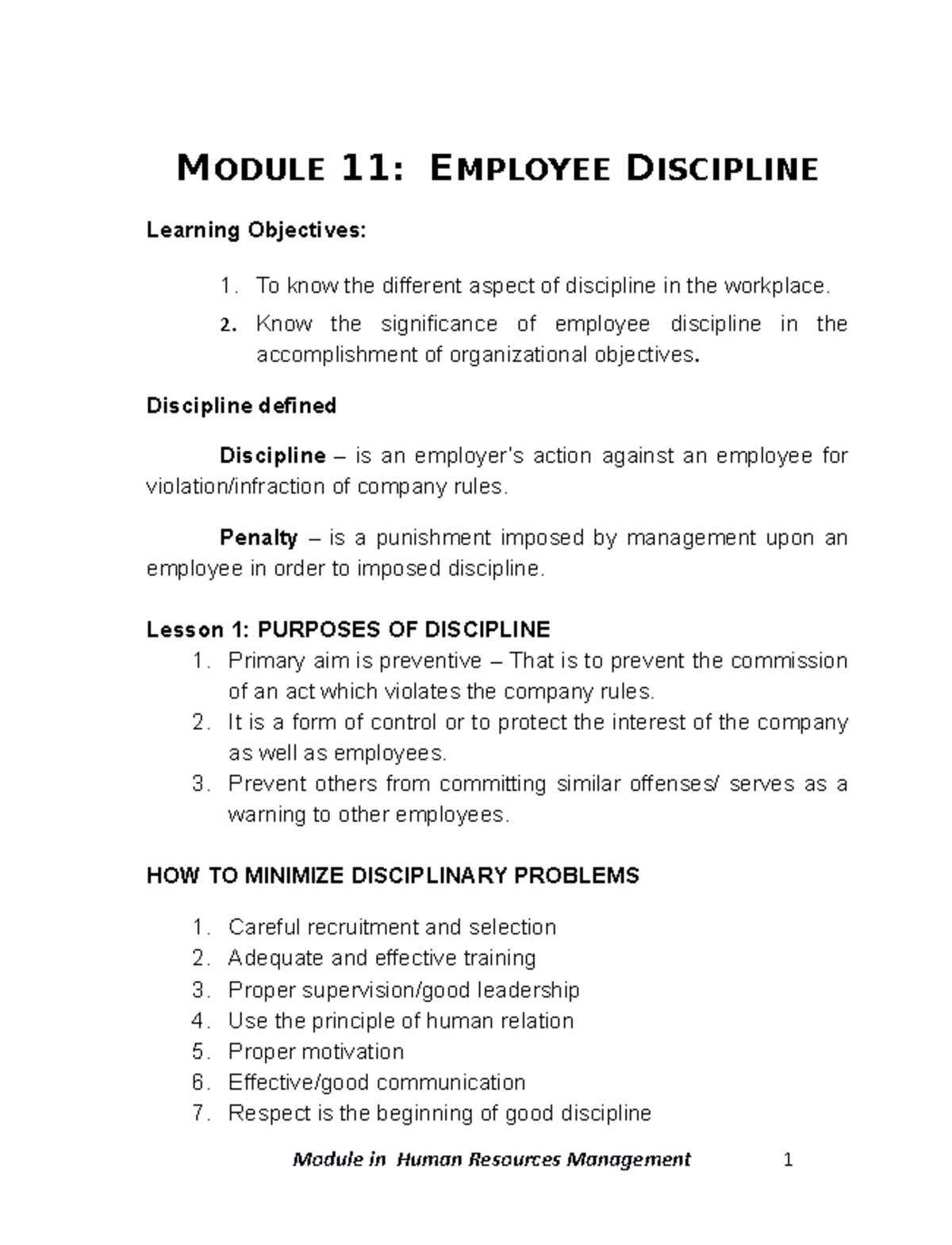 HRM lecture note - Module 11: Employee Discipline Aspects of discipline ...