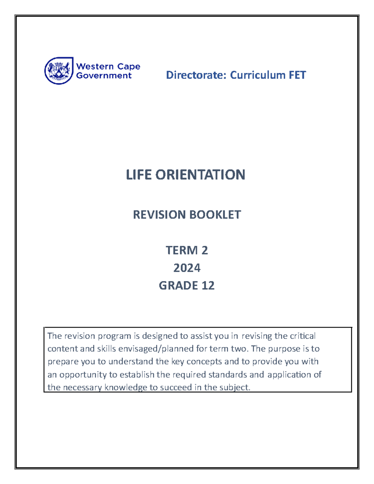 LO Life Orientation Revision Booklet 2024 Gr 12 Term 2 - Studocu