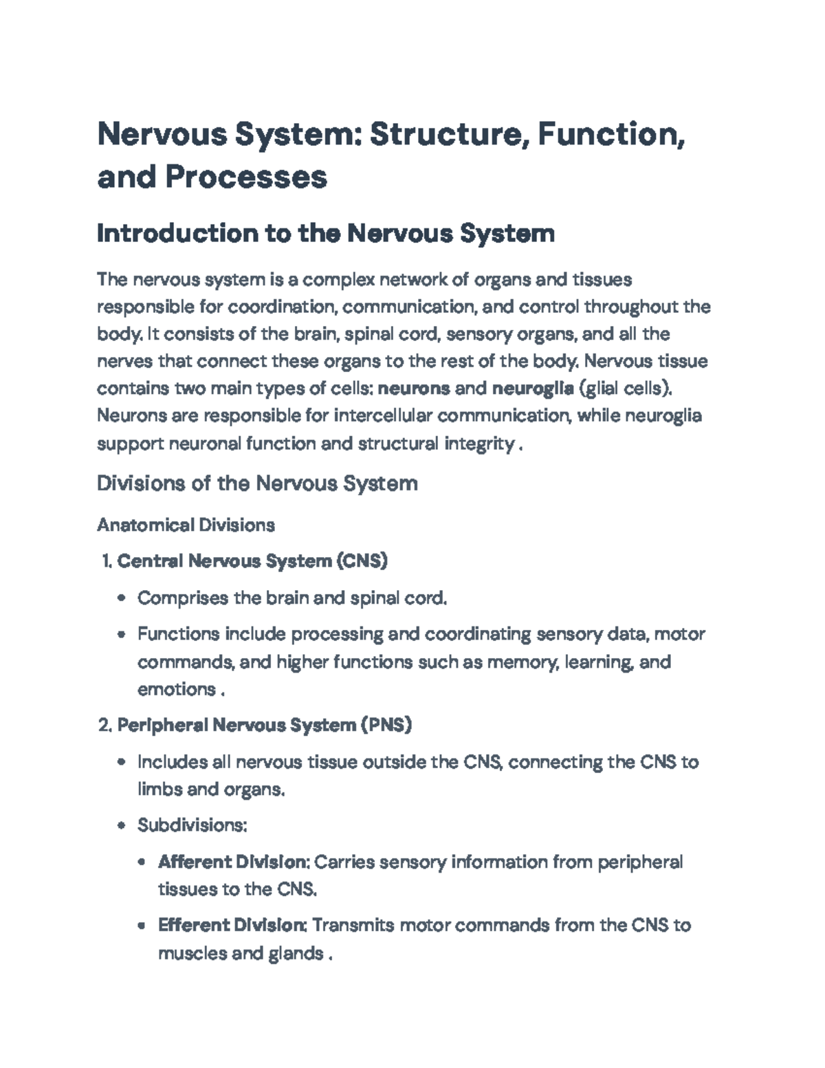 Nervous System Structure and Function: An Overview for Course XXX ...