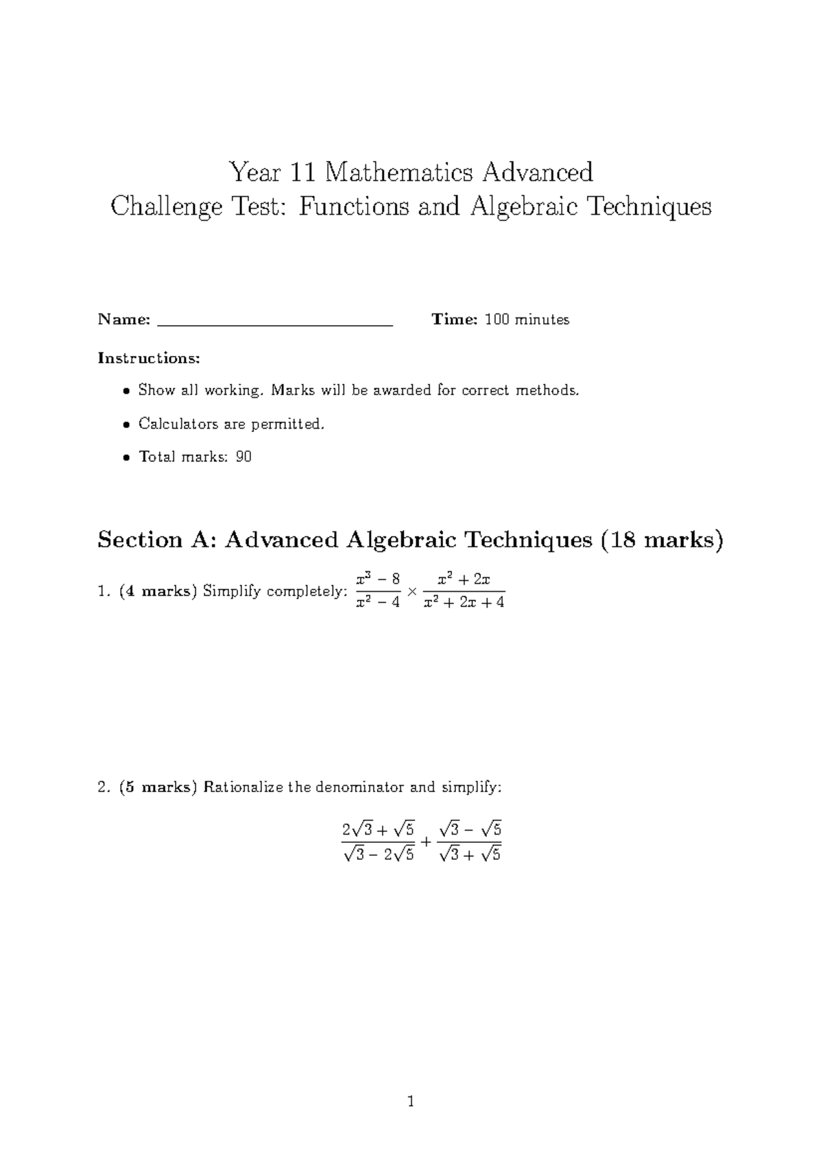 Year 11 Mathematics Advanced Challenge Test: Functions & Algebra ...