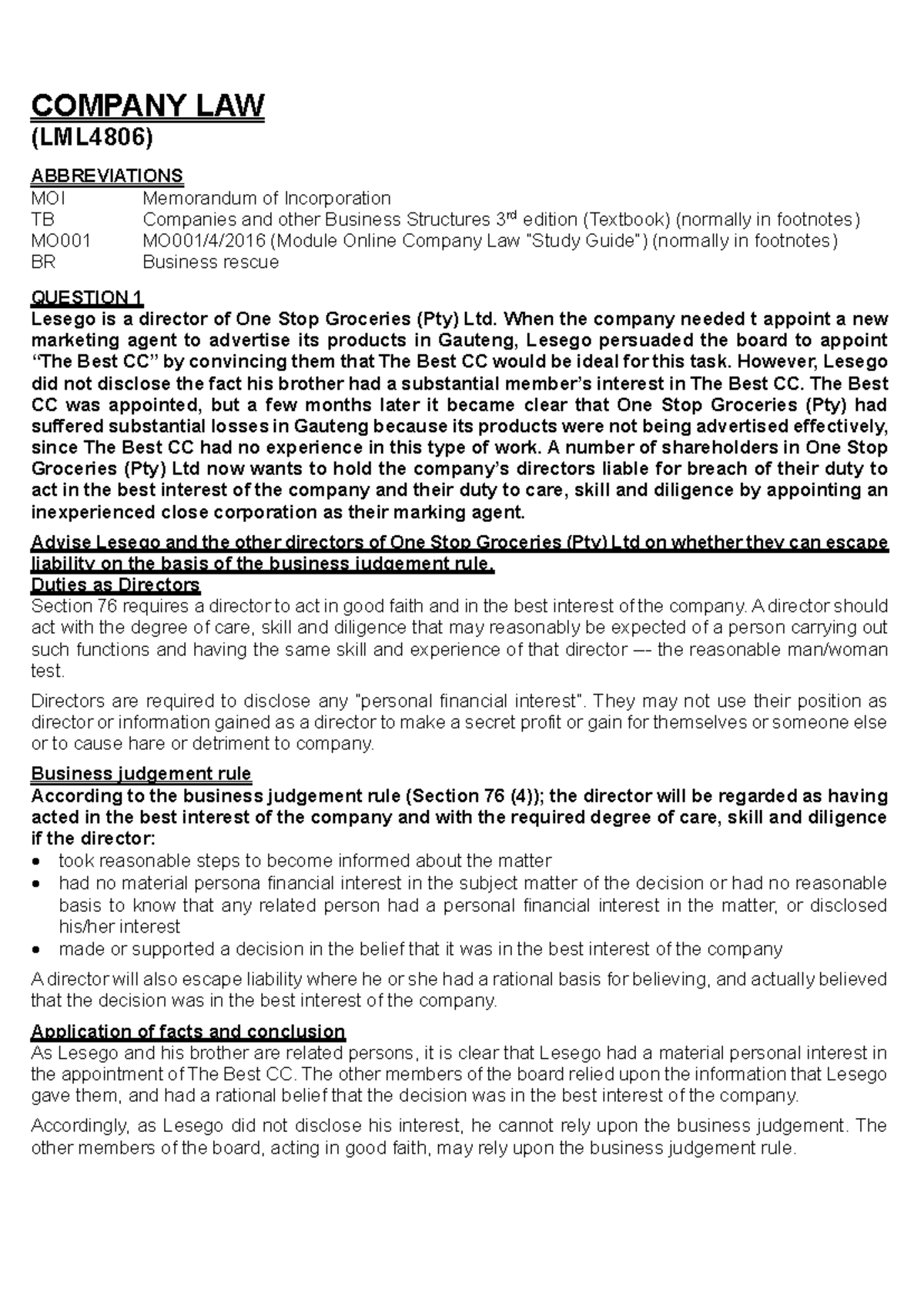COMPANY LAW (LML4806) FINAL EXAM NOTES: DIRECTORS' DUTIES & BUSINESS ...