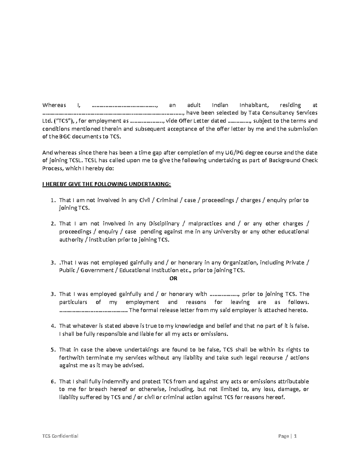 TCS Affidavit for Employment Background Check Process - Studocu