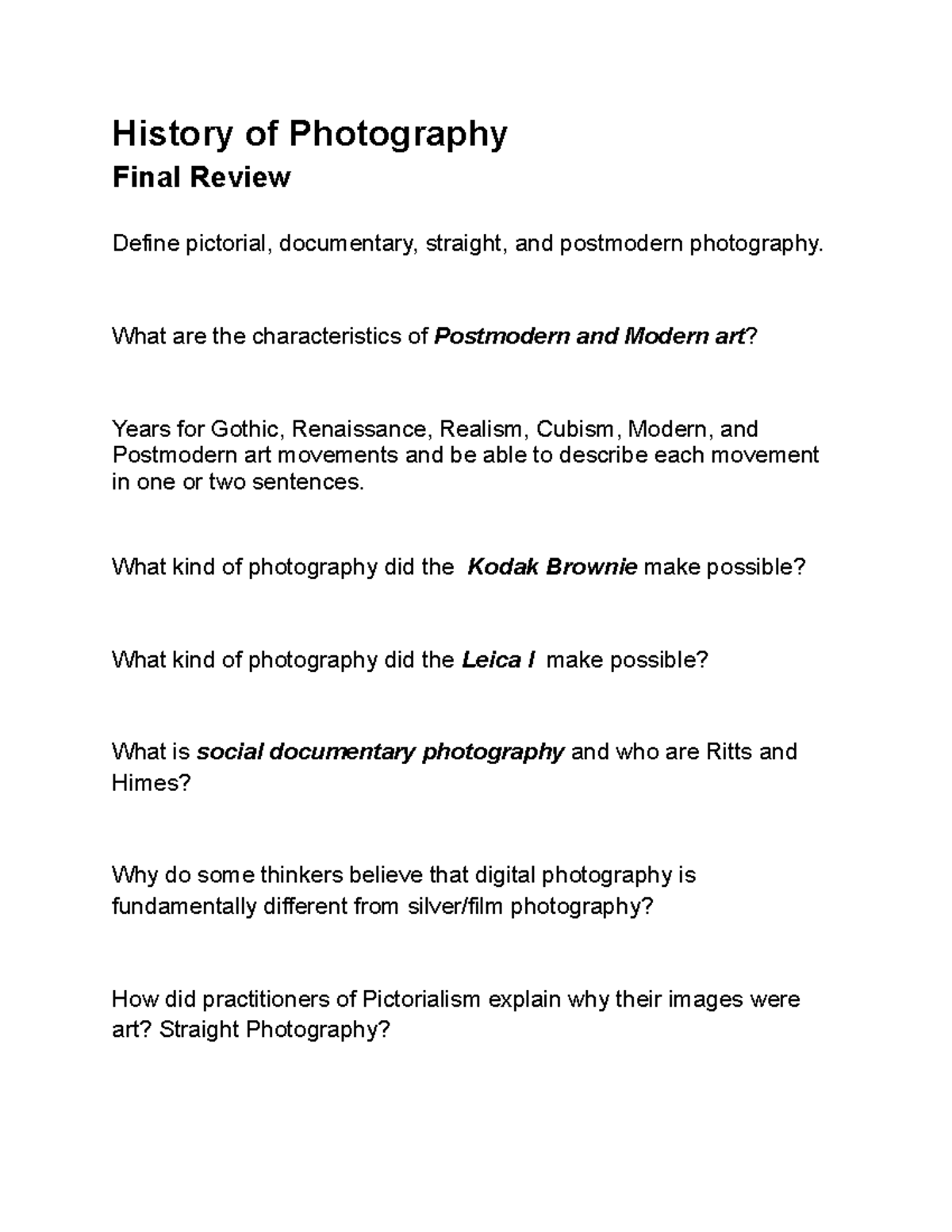 History of Photography (ART 202) Final Exam Review Guide - Studocu