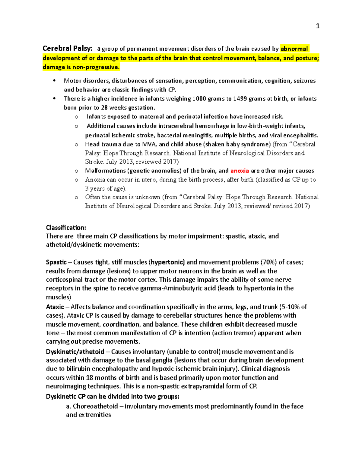 Cerebral Palsy lecture notes - Cerebral Palsy: a group of permanent ...