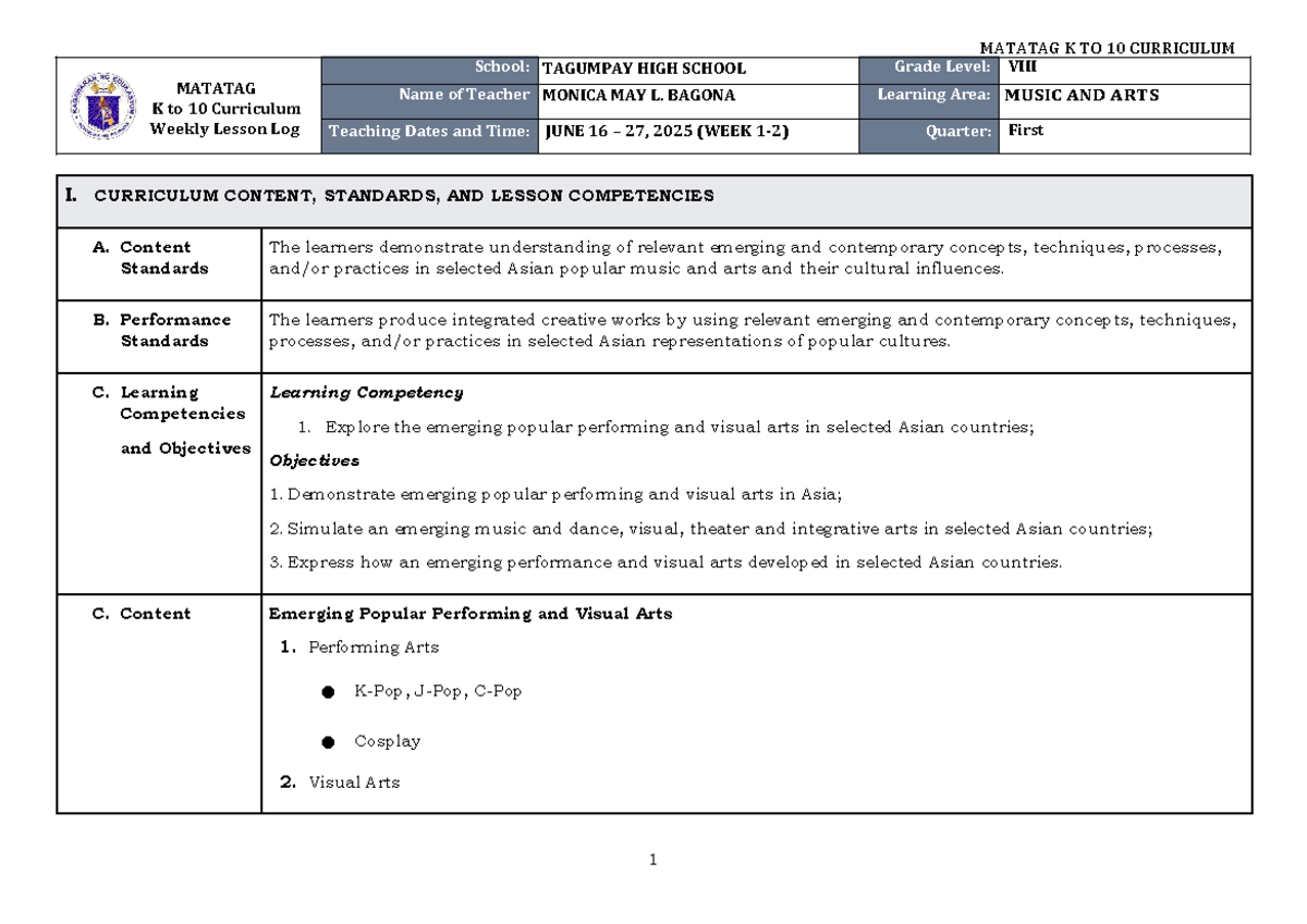 DLL Matatag K to 10 Music & Arts 8 Weekly Lesson Log Q1 W1-2 - Studocu