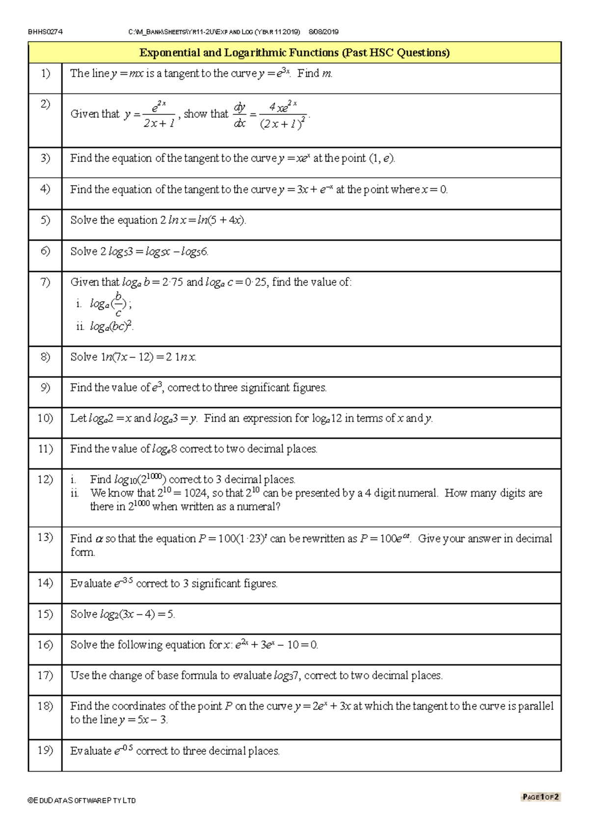 BHHS0274 Year 11 Exponential & Logarithmic Functions Past HSC Qs - Studocu