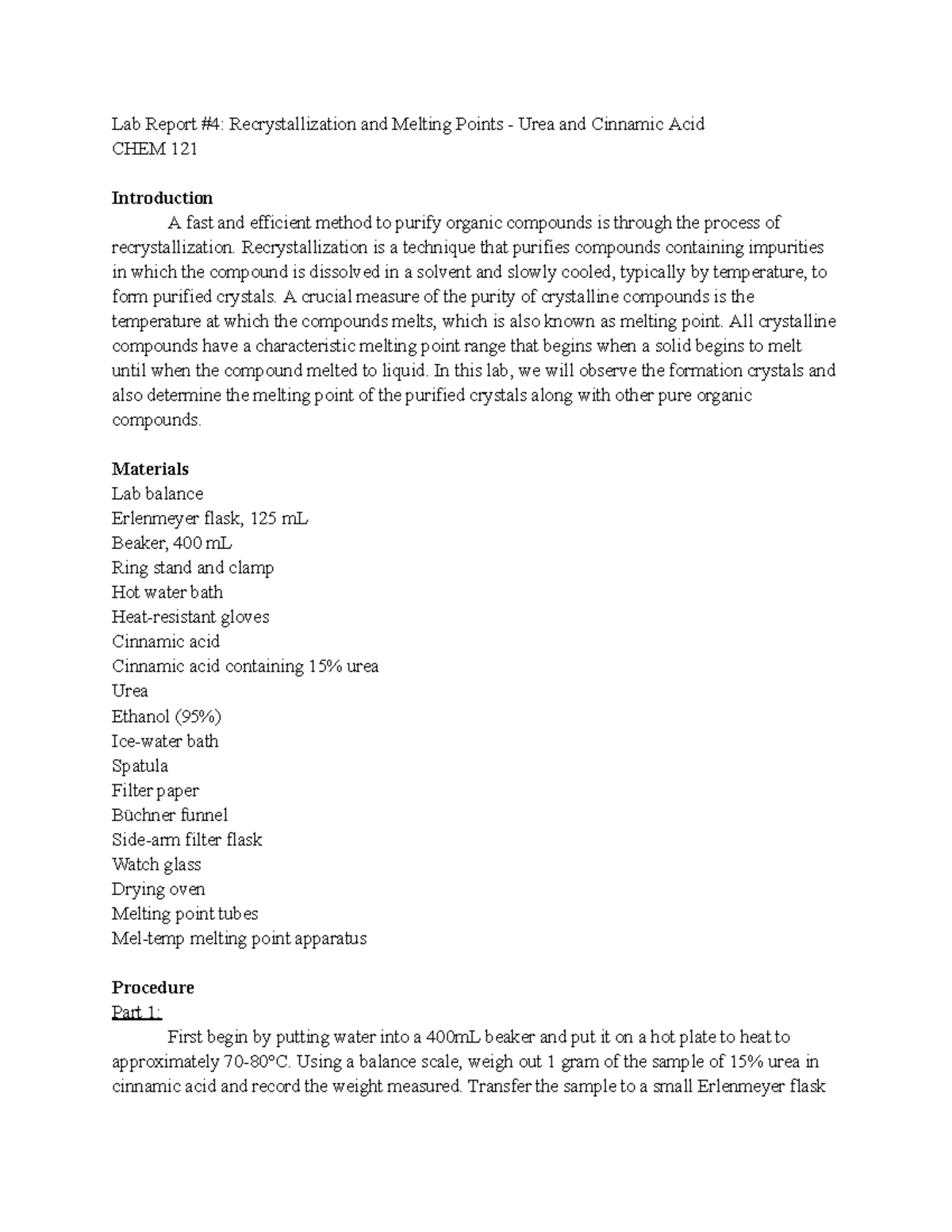 CHEM 121 Lab Report 4: Recrystallization & Melting Point Analysis - Studocu